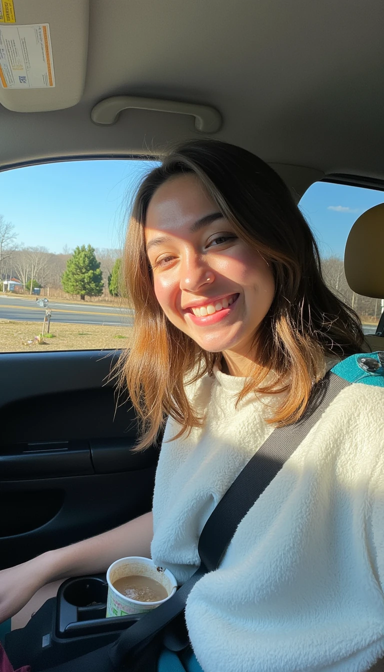 boring low quality snapchat photo circa 2015, A young woman with a warm smile, sitting in the driver's seat of a cozy car. She has soft, wavy brown hair cascading past her shoulders. The sunlight streams through the window, casting a gentle glow on her face. The interior of the car is neat and comfortable, with a coffee cup in the cup holder and a small plant on the dashboard. The background outside the window shows a scenic road lined with trees and blue skies


And her taking her clothes off