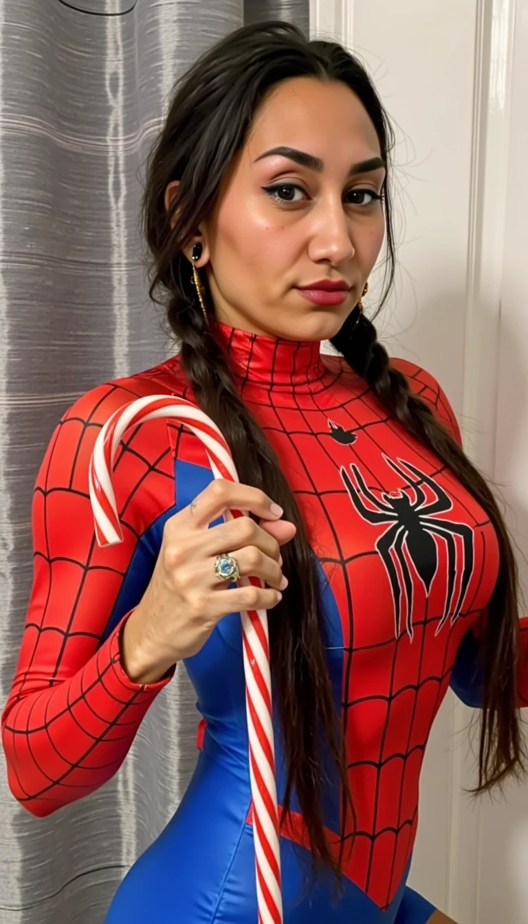 Medium shot photo of CSTMDL a 35-year-old native American woman, she is posing seductively for the camera, she maintains intense eye contact with the camera at all times, she has native American style hair in two long braids, she is wearing a skin tight form fitting Spiderman bodysuit, she is holding a very thick cock shaped candycane that is two inches in girth, realistic,