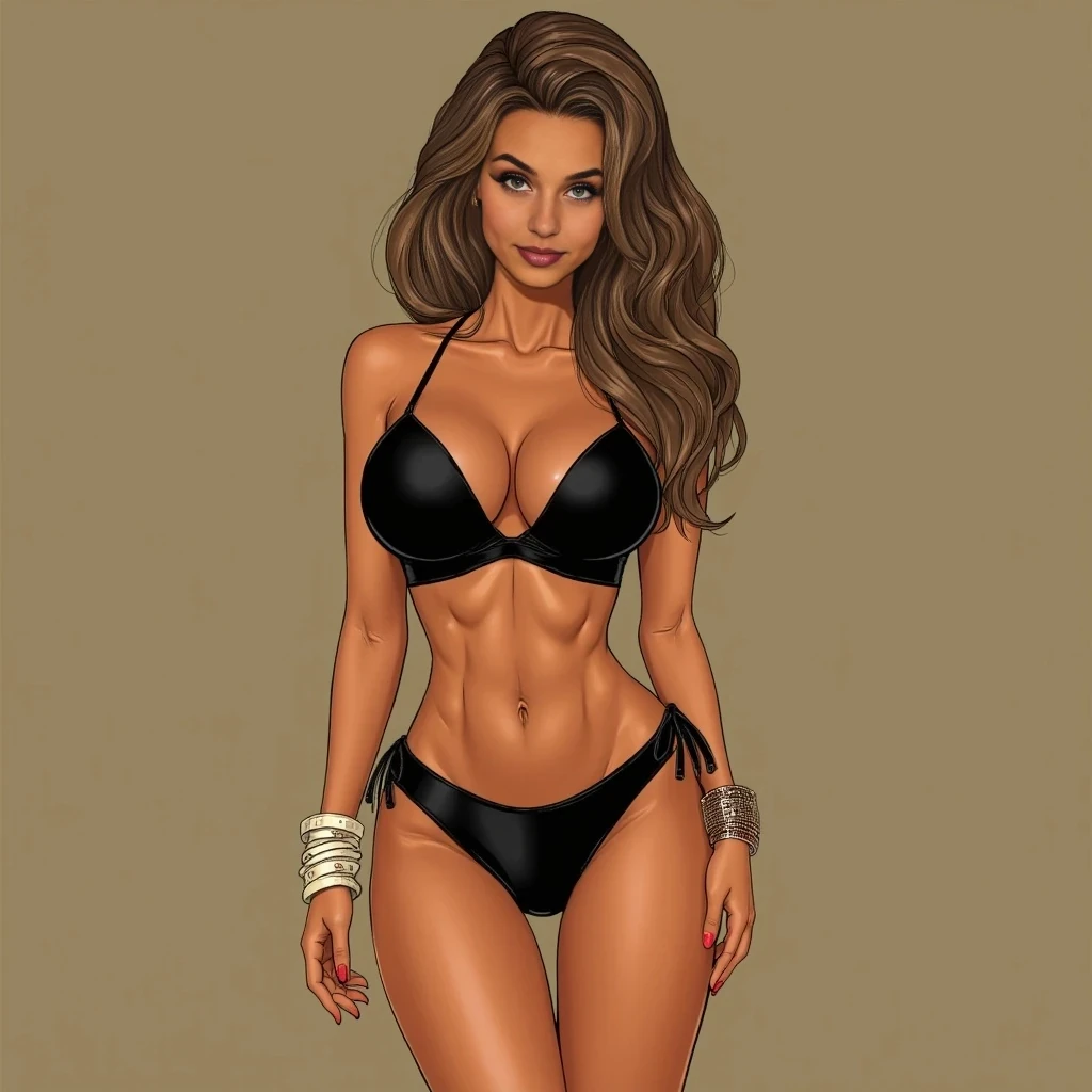 * Height: 5 feet tall.
* ﻿﻿Physique: Toned, athletic, fit.
* ﻿﻿Breasts: Plump C-cup breasts (perky, not sagging).
* ﻿﻿Butt: Big, round, shapely ass.
*skin 
really skinny 120 pounds 
 ﻿﻿Skin: Golden tan.
* ﻿﻿Outfits: Stylish outfits highlighting her curves, sporty yet luxurious
hour glass body shape