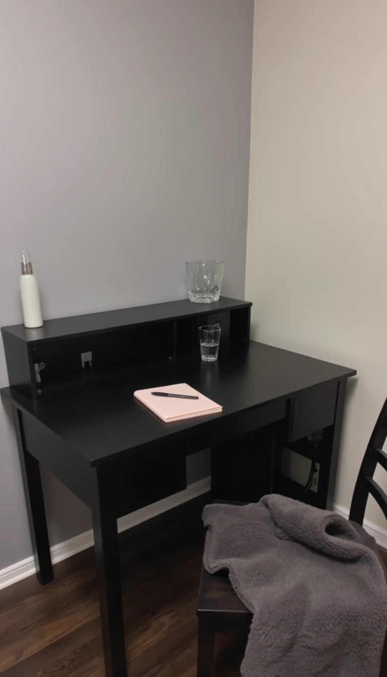 boring low quality snapchat photo circa 2015, this picture is being taken of a black desk in the corner of a room touching the grey walls to the right of the desk and behind the desk. The desk has a light pink note book, an all black pen and a glass of water on it. There is a grey blanket on the chair.