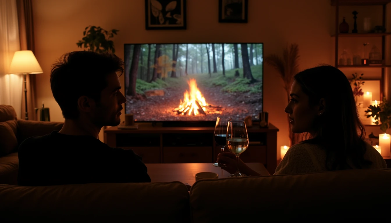 Create a realistic, visually appealing image depicting a handsome young man and a woman engaged in an intimate, romantic date setting. The couple is seated comfortably, enjoying a nice glass of wine and relaxed conversation. In the background, a large, clearly visible television screen is displaying a soothing, immersive nature scene featuring a bonfire gently flickering in a tranquil woodland setting. Emphasize warm, cozy lighting and a welcoming atmosphere that complements the romantic mood. The shot is a wide shot and we see elements from the living room as well in the surrounding area
