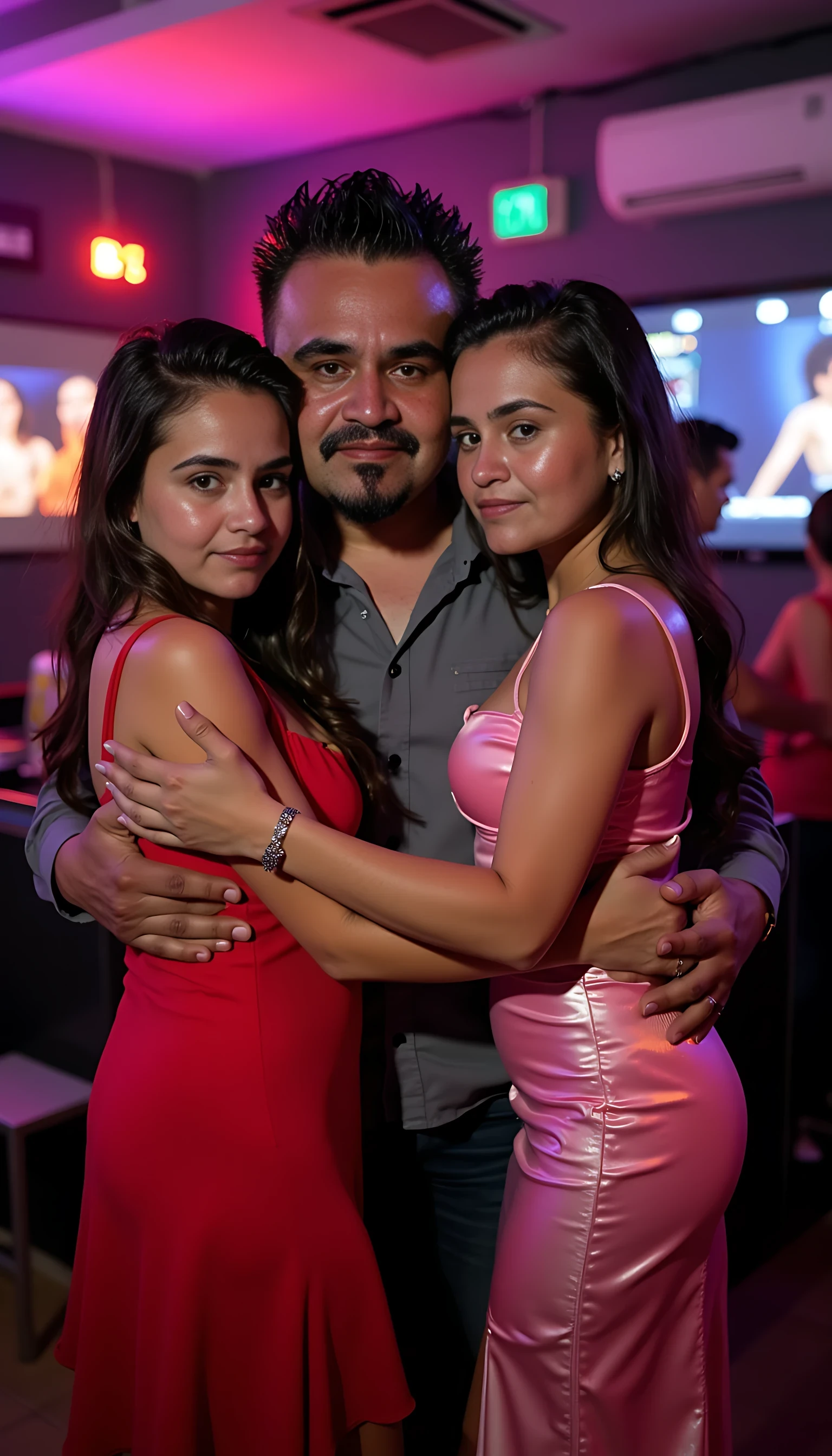 full man body wearing a  nice gray dress shirt   Hugging a 2 beautiful  Colombian girls  in sexy dresses in a nightclub background 
