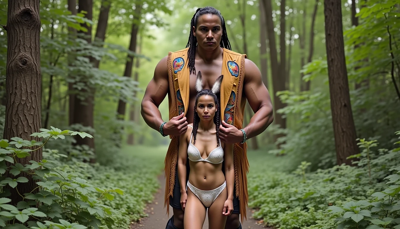 photo of woman CSTMDL, a medium shot photo of, a slim woman, her full body is in the scene, she has a slender petite build with petite small boobs and a flat chest, she has small dark skin nipples with long pointy nipple ducts and small dark skinned areolas, her hair is styled with two long braids she has eagle plumes in her hair, she is not wearing earrings, she is wearing daisy duke denim booty shorts, she is wearing a native American style vest in a golden yellow color over top of her underwear, she is holding her vest open exposing her strapless bra, her bra is a strapless white lace bra, she is wearing white lace panties, she is wearing ankle height smoked hide moccasins, natural lighting, natural light, amateur photography, shot on an iPhone, she is standing with her legs spread wide apart in a densely wooded forest, she is maintaining intense eye contact with the camera, there is a giant native American fat man twice her height standing up directly behind her holding onto the woman's pantie line, the man is holding her up suspended in the air in front of him, the man is a real giant, public setting, Hyper realism, ultra-sharp focus, highly detailed, natural lighting, natural light, amateur photography,