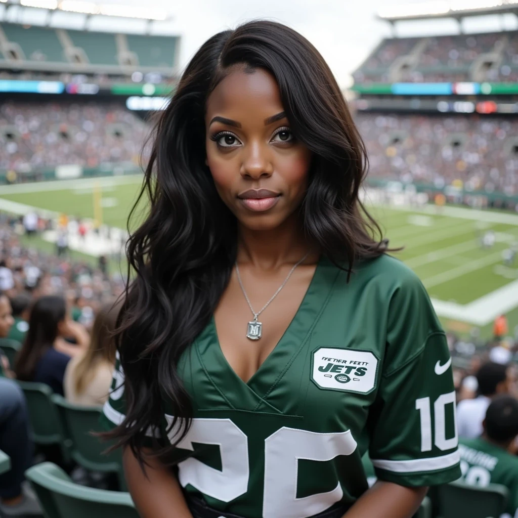 half body iphone selfie photo of woman CSTMDL. She’s at metlife stadium watching the jets and steelers game. She is sitting in the bleachers cheering for the jets. She’s wearing a jets football jersey with a hint of cleavage showing with black pants. huge croud of females and men wearing jets and steelers jerseys.

She has deep brown almond-shaped eyes and long, wavy black hair flowing over her shoulders. Her figure is curvy and feminine, with a confident presence. She has large breast and big butt. Her fingernails feature a long-length squared white French square manicure, and her toenails are polished in a matching French pedicure.

The shot should mimic a Snapchat selfie look — casual, slightly grainy, soft-focused, as if captured quickly on a phone. Her expression is relaxed, smiling slightly with a natural vibe and authentic selfie feel.