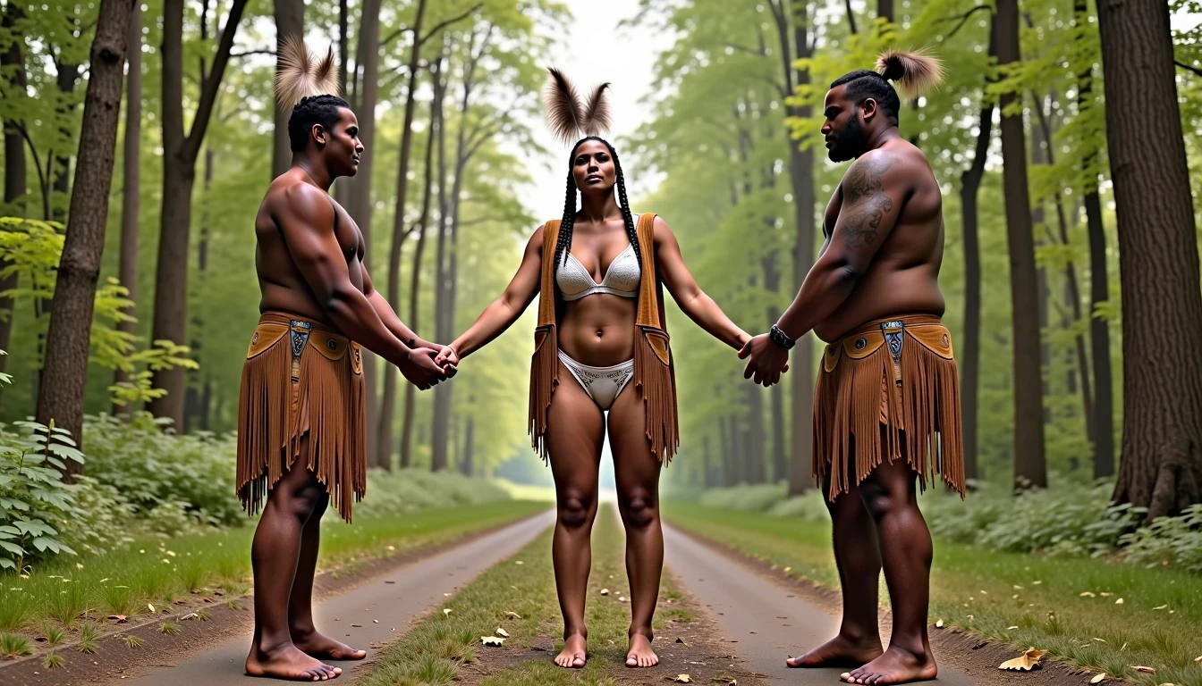 photo of woman CSTMDL, a selfie photo of, a slim woman, her full body is in the scene, she has a slender petite build with petite small boobs and a flat chest, she has small dark skin nipples with long pointy nipple ducts and small dark skinned areolas, her hair is styled with two long braids she has eagle plumes in her hair, she is not wearing earrings, she is wearing daisy duke denim booty shorts, she is wearing a native American style vest in a golden yellow color over top of her underwear, she is holding her vest open exposing her strapless bra, her bra is a strapless white lace bra, she is wearing white lace panties, she is wearing ankle height smoked hide moccasins, natural lighting, natural light, amateur photography, shot on an iPhone, she is spread out like a starfish by two native American giants with her legs spread wide apart in a densely wooded forest, she is maintaining intense eye contact with the camera, two fat giant native American man standing up directly on either side of her holding onto her by her wrists and ankles, the men have her suspended in the air between them, they have a wrist and an ankle in each hand, the men are real giants, public setting, Hyper realism, 16k, uhd, ultra-sharp focus, perfect meshes and textures, highly detailed, highly accurate reflections, natural lighting, natural light, amateur photography,