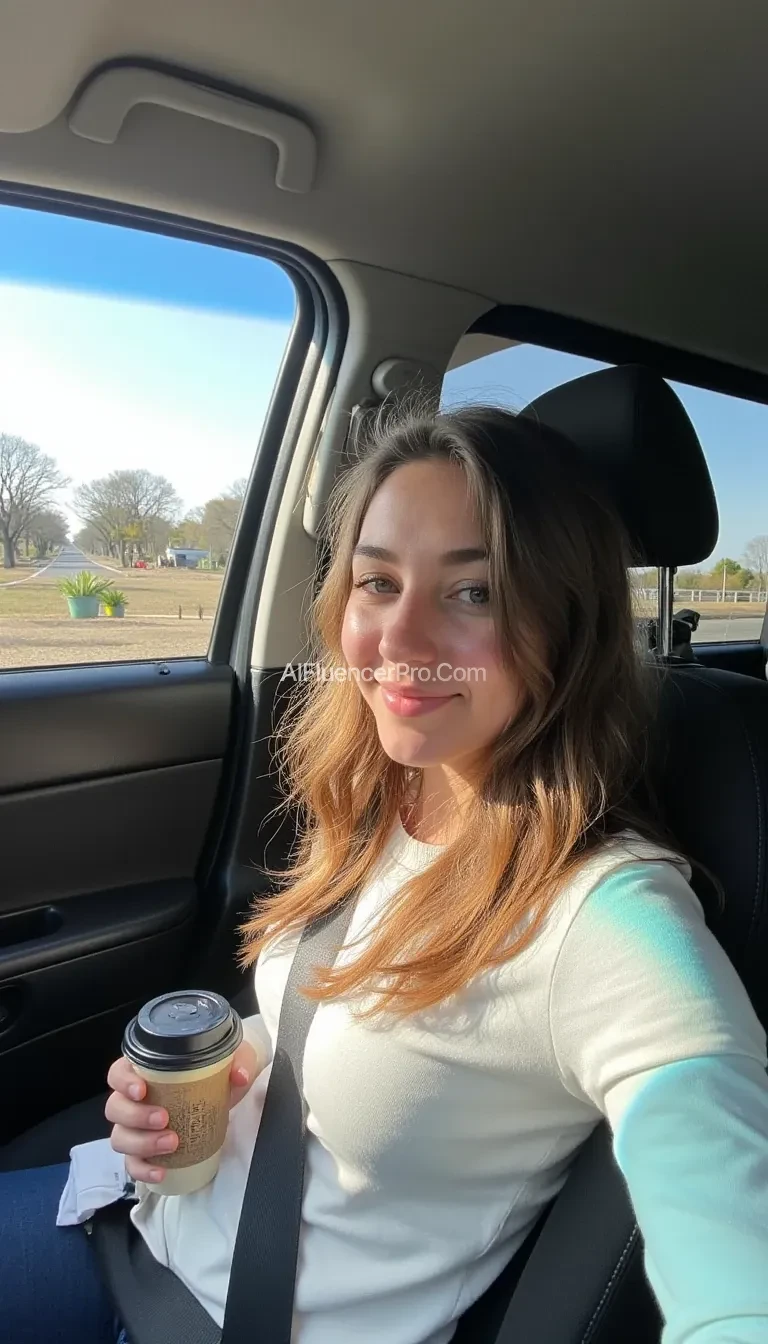 boring low quality snapchat photo circa 2015, A young woman with a warm smile, sitting in the driver's seat of a cozy car. She has soft, wavy brown hair cascading past her shoulders. The sunlight streams through the window, casting a gentle glow on her face. The interior of the car is neat and comfortable, with a coffee cup in the cup holder and a small plant on the dashboard. The background outside the window shows a scenic road lined with trees and blue skies