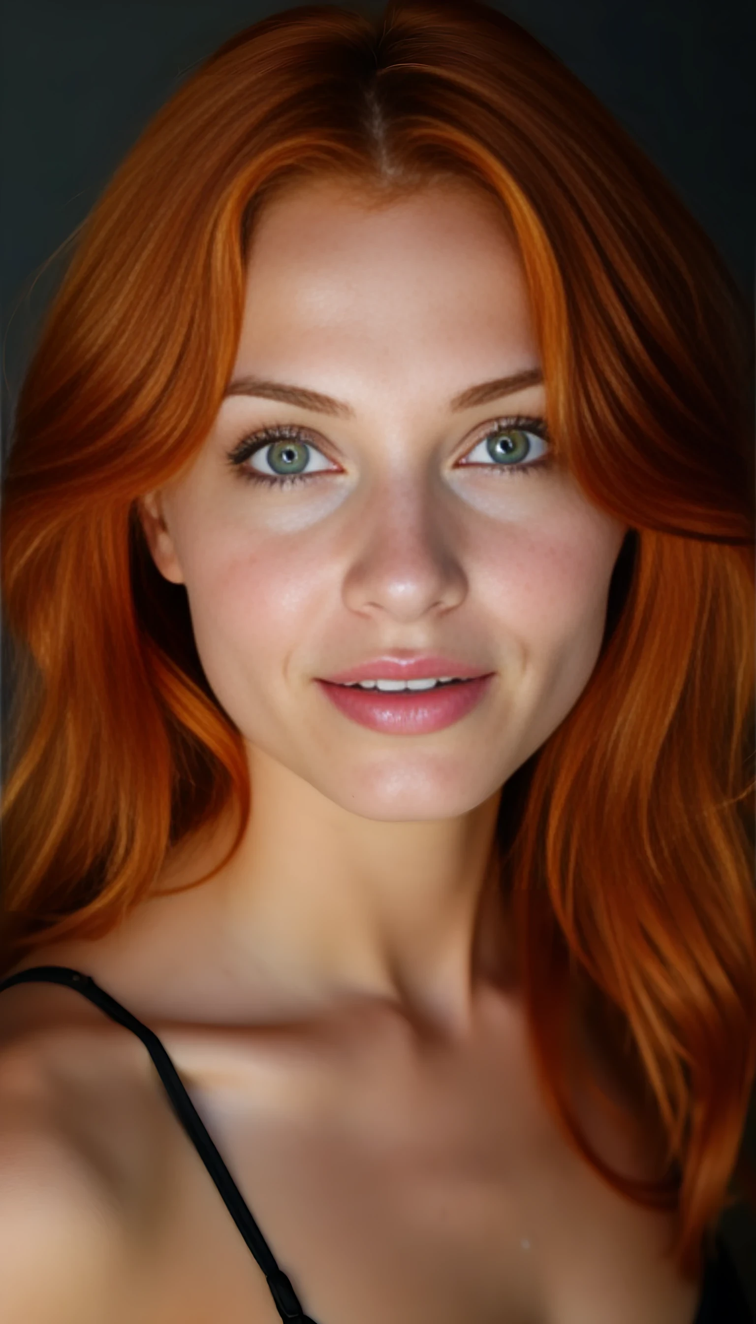A portrait photo of a beauty young model 20 years old woman, mixed ethnicity of half white American half Brazilian, with red hair, ultra detailed eyes with sharp iris reflections, slight smile, studio high-quality
