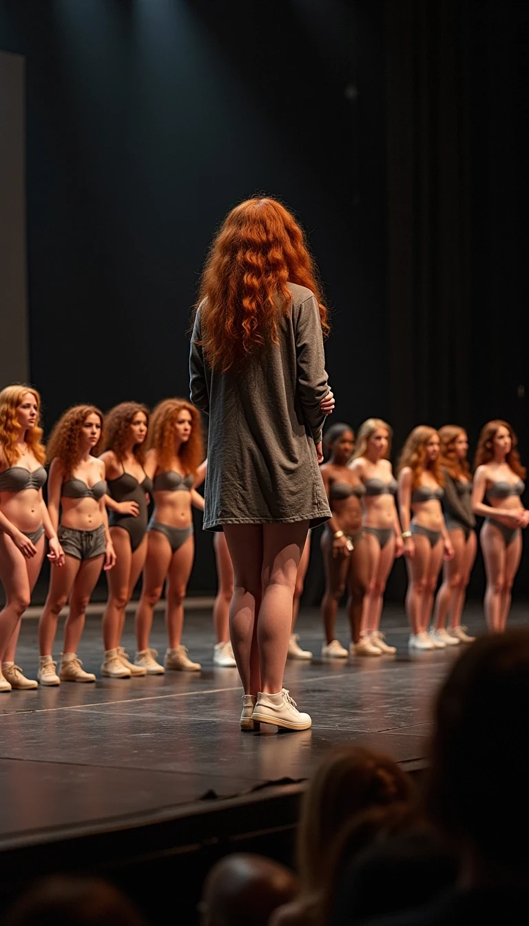 long range news media photo of a college aged woman CSTMDL with long wavy red hair standing on a stage in front of a large crowd. She is standing side by side with a row of 20 clones who all look like her but with different hair colors, styles and breast sizes.