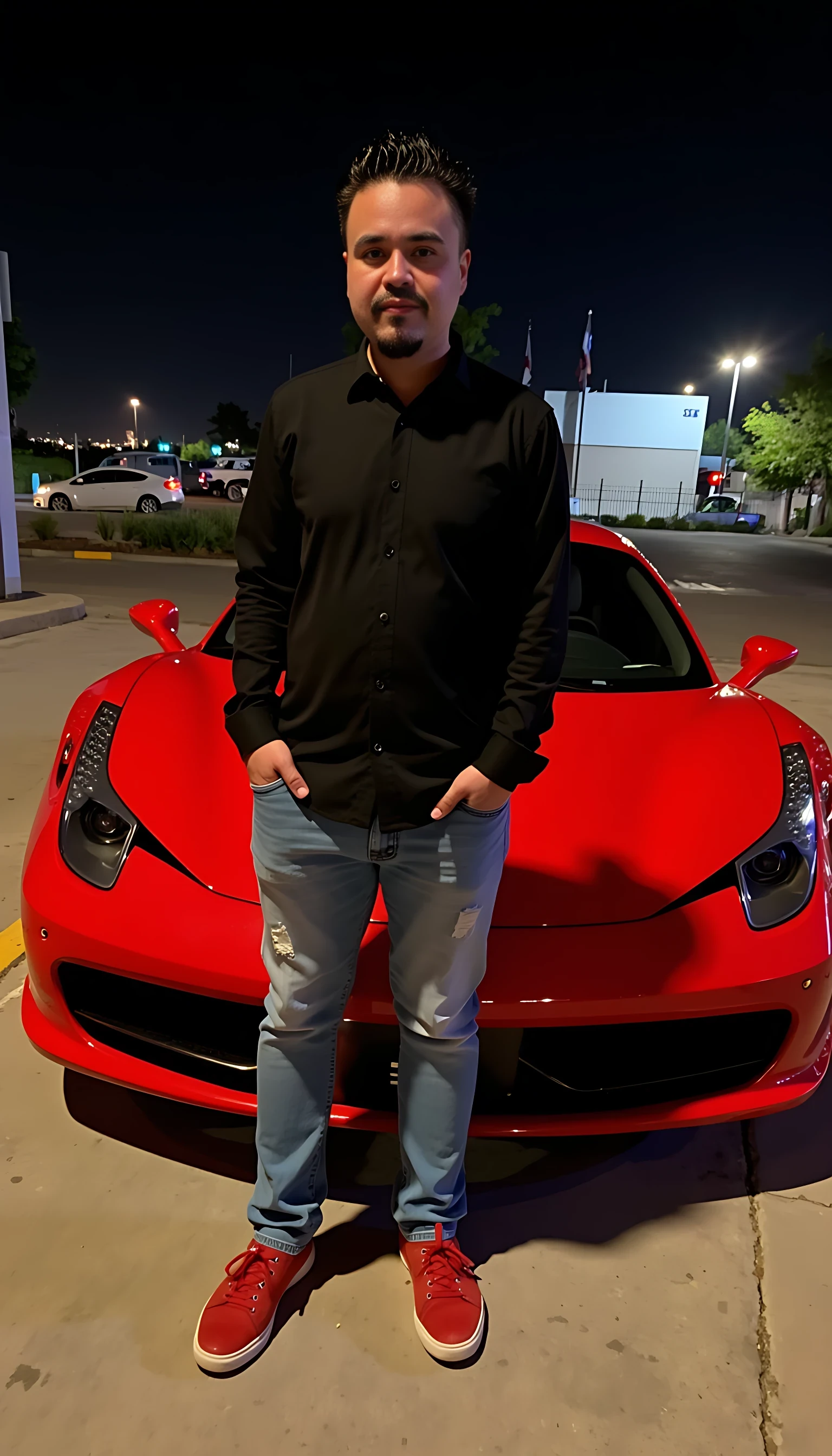 CSTMDL average body wearing a black dress shirt and light blue jeans red tenis shoes standing in front of a red Ferrari car with city night lights in the background 