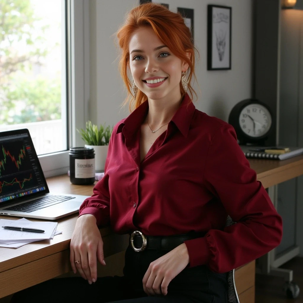 A hyper-realistic portrait of Ember, a stunning reddish blonde head woman, sitting in a modern home office with natural daylight streaming through a window, fiery red hair in a loose bun with strands framing her face, emerald eyes sparkling with confidence, freckled porcelain skin with a soft glow, wearing a tailored crimson blouse with sleeves rolled to elbows, high-waisted black trousers with a sleek leather belt, gold earrings glinting, standing by a wooden desk with a laptop open to stock charts, coffee mug, notebook, and pen nearby, papers slightly scattered, warm smile, photorealistic, 4K, soft natural light, high detail, lifelike textures, cyberpunk vibe, --ar 9:16