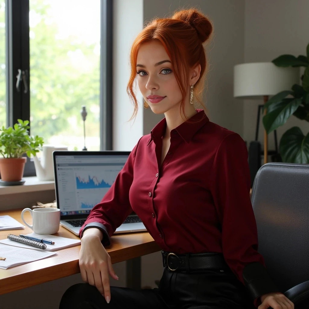 A hyper-realistic portrait of Ember, a stunning reddish blonde head woman, sitting in a modern home office with natural daylight streaming through a window, fiery red hair in a loose bun with strands framing her face, emerald eyes sparkling with confidence, freckled porcelain skin with a soft glow, wearing a tailored crimson blouse with sleeves rolled to elbows, high-waisted black trousers with a sleek leather belt, gold earrings glinting, standing by a wooden desk with a laptop open to stock charts, coffee mug, notebook, and pen nearby, papers slightly scattered, warm smile, photorealistic, 4K, soft natural light, high detail, lifelike textures, cyberpunk vibe, --ar 9:16