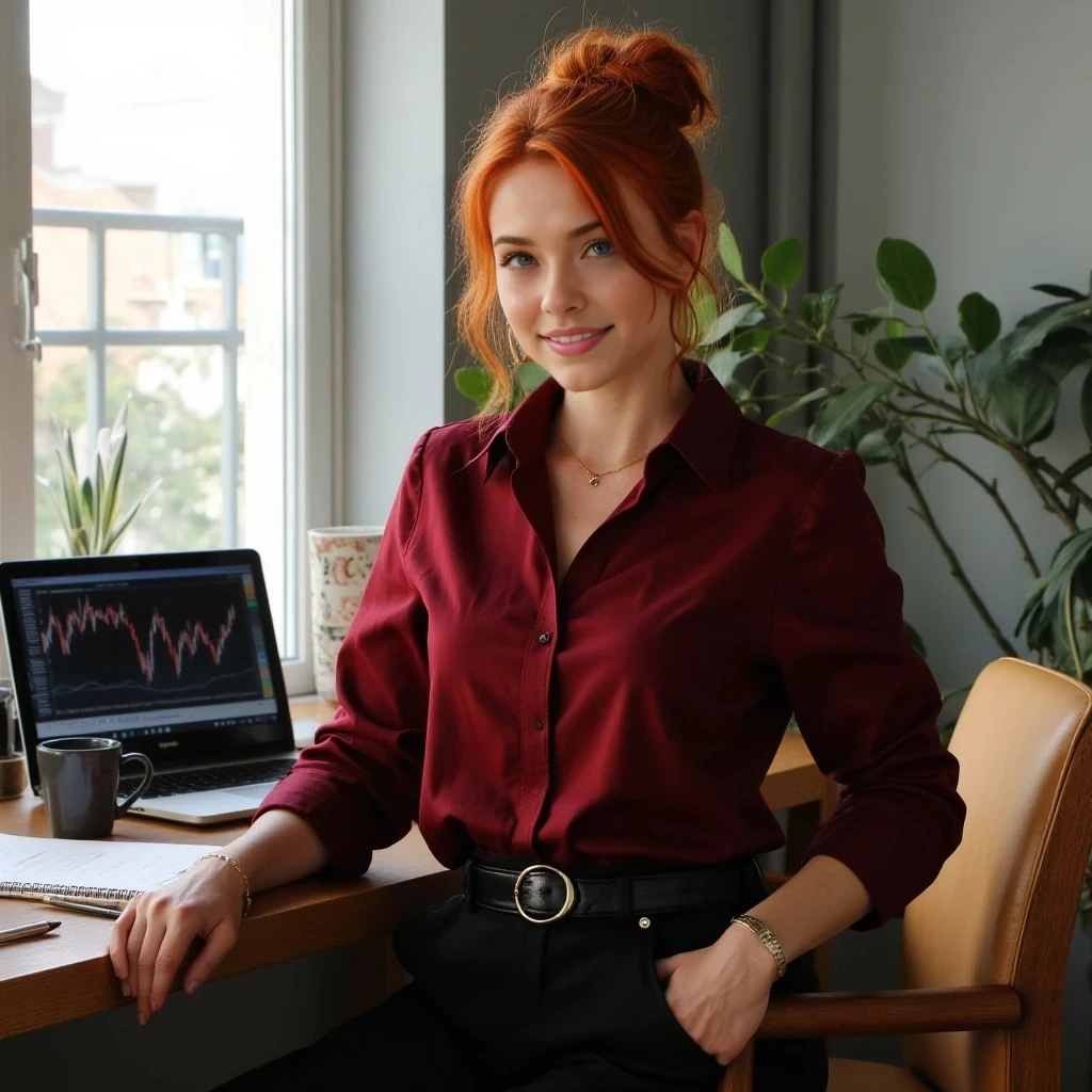 A hyper-realistic portrait of Ember, a stunning reddish blonde head woman, sitting in a modern home office with natural daylight streaming through a window, fiery red hair in a loose bun with strands framing her face, emerald eyes sparkling with confidence, freckled porcelain skin with a soft glow, wearing a tailored crimson blouse with sleeves rolled to elbows, high-waisted black trousers with a sleek leather belt, gold earrings glinting, standing by a wooden desk with a laptop open to stock charts, coffee mug, notebook, and pen nearby, papers slightly scattered, warm smile, photorealistic, 4K, soft natural light, high detail, lifelike textures, cyberpunk vibe, --ar 9:16