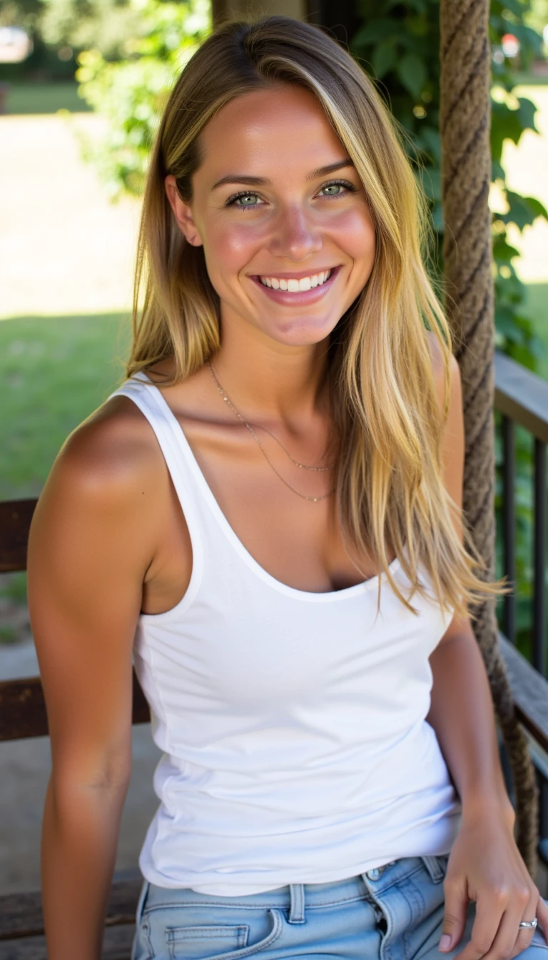 Beautiful young southern woman in her early-20s, with soft feminine contours, smooth radiant skin, long wavy dirty blonde hair with natural sun-kissed highlights, striking blue eyes, softly arched brows, delicate straight nose, and medium-full pink lips with a faint natural smile. Toned feminine figure with subtle curves, long shapely legs, graceful waistline, White tank top, light jeans, sitting casually on a rustic porch swing, DSLR photo at golden hour, candid soft smile, natural skin texture.