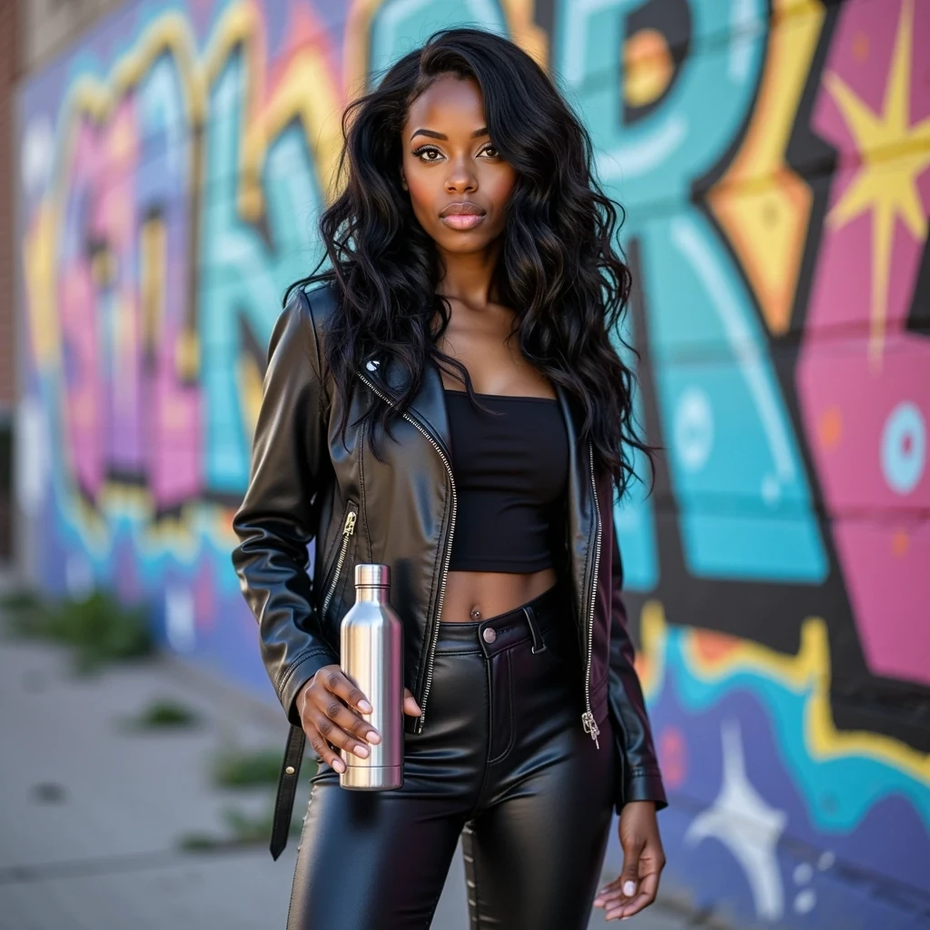 Full body shot of CSTMDL standing in front of a vibrant graffiti wall, wearing a black leather jacket and sneakers, holding an unmarked silver water bottle, with colorful urban energy all around. Her usal dark hair is in light ringlet curls.


Shot as if on a Canon EOS R5 with a 50mm f/1.2L lens, ISO 100, f/2.8, 1/125 shutter speed, enhanced by natural daylight and a softbox for glowing, lifelike lighting.

She has deep brown almond-shaped eyes and long, wavy black hair flowing over her shoulders styled in loose pigtails. Her figure is curvy and feminine, with a confident presence. She has large breasts and a big butt. Her fingernails feature a mid-length squared white French manicure, and her toenails are polished in a matching French pedicure.