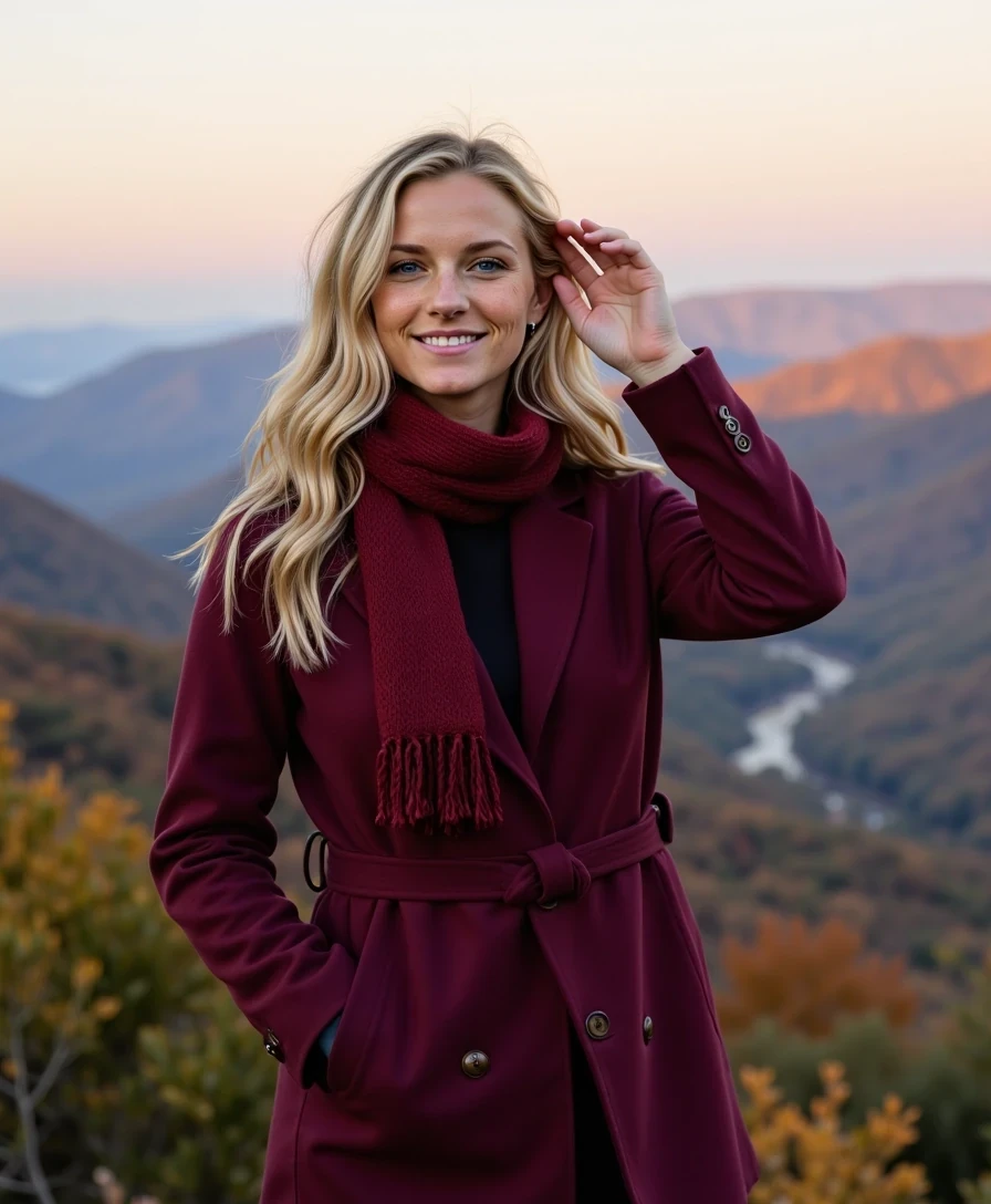The image is a photograph featuring a young Caucasian woman, CSTMDL, with long, wavy blonde hair, standing on a misty Blue Ridge Parkway overlook at dawn. She wears a form-fitting deep burgundy coat and scarf that hugs her silhouette respectfully, one hand raised to shield her eyes. Her expression is serene, hair flowing in the breeze, with rolling mountains in rich hues behind her. Highly detailed, 8K, natural lighting, adventurous lifestyle style with deep reds and greens.