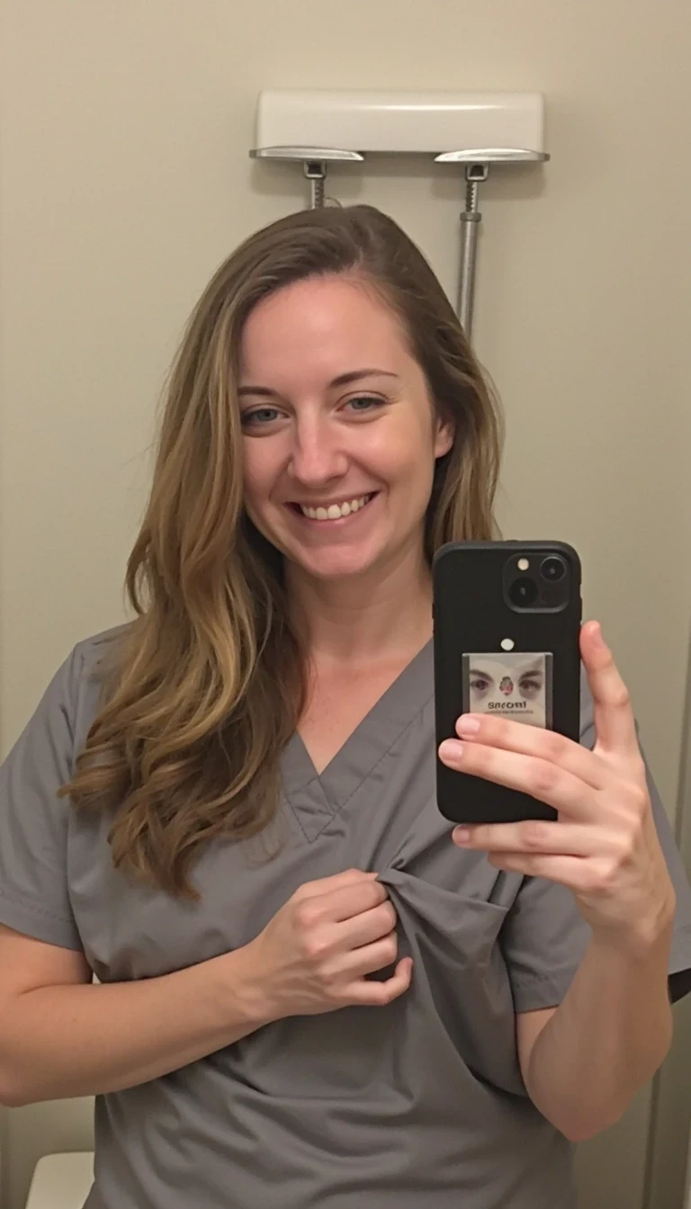 iphone 15 mirror selfie of 30s woman CSTMDL with long sandy brown hair in single person public bathroom. She is wearing scrubs. She is pulling her shirt up to reveal her breasts. The iPhone is black