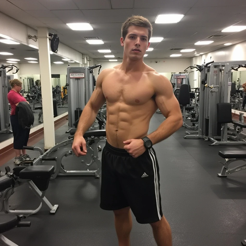 boring low quality snapchat photo circa 2015, cute male teenager, standing, full body in the gym