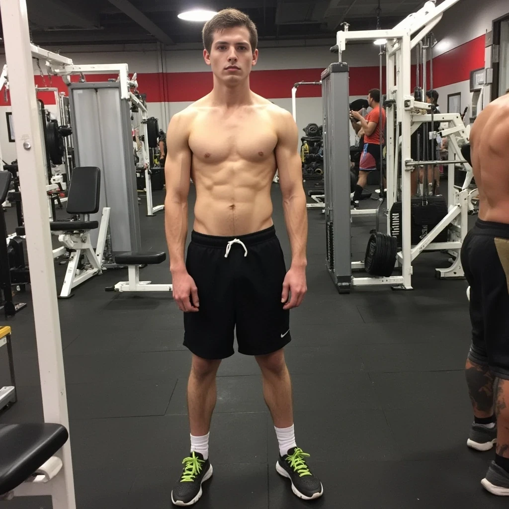 boring low quality snapchat photo circa 2015, cute male teenager, standing, full body in the gym