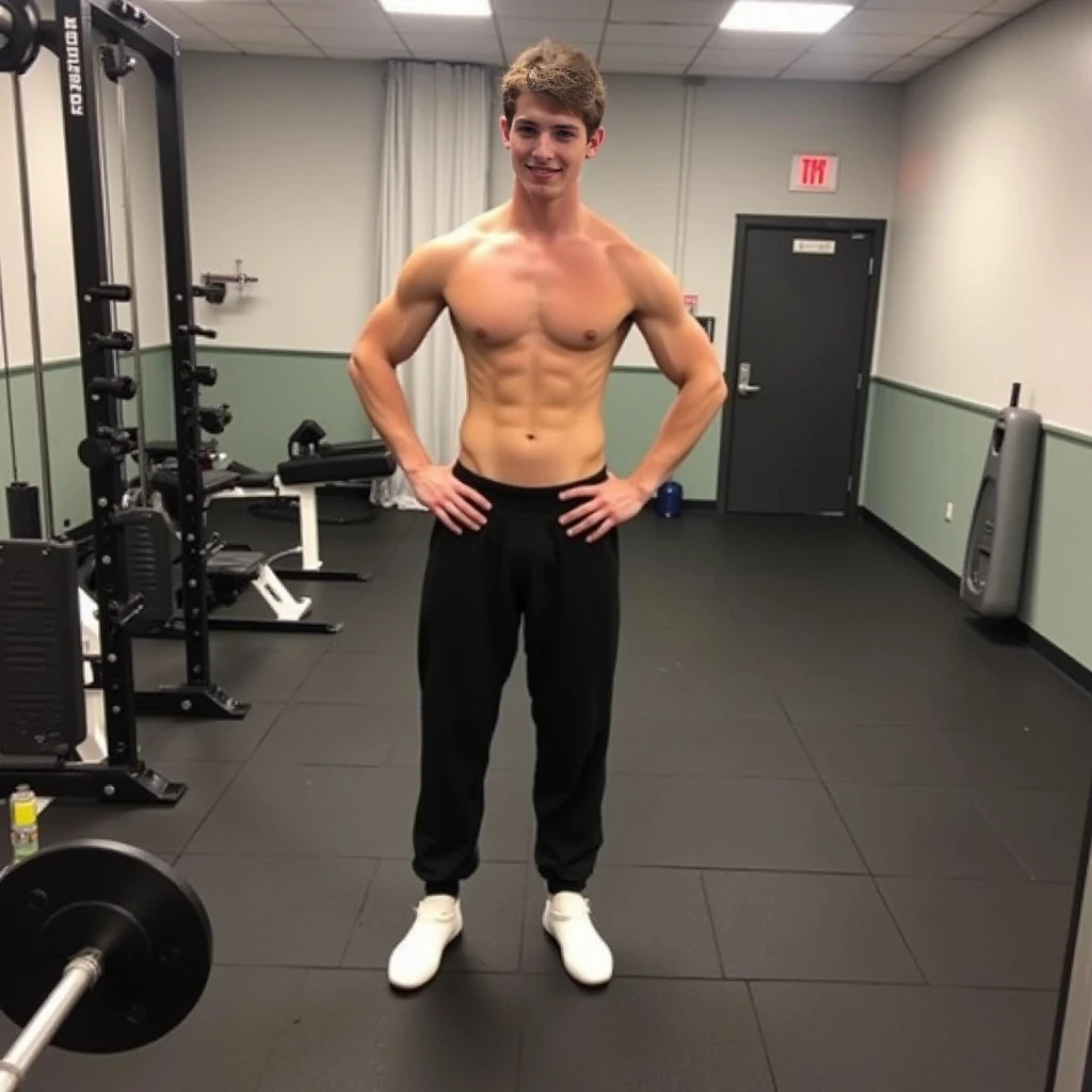 boring low quality snapchat photo circa 2015, cute male teenager, standing, full body in the gym