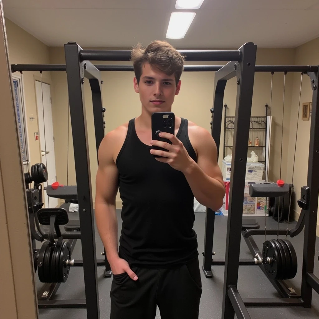 boring low quality snapchat photo circa 2015, cute male teenager, standing, full body in the gym