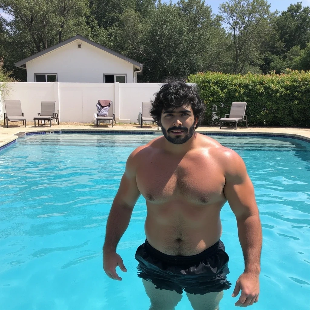 boring low quality snapchat photo circa 2015, cute man, black hair, full outfit with big muscles in the wiming pool