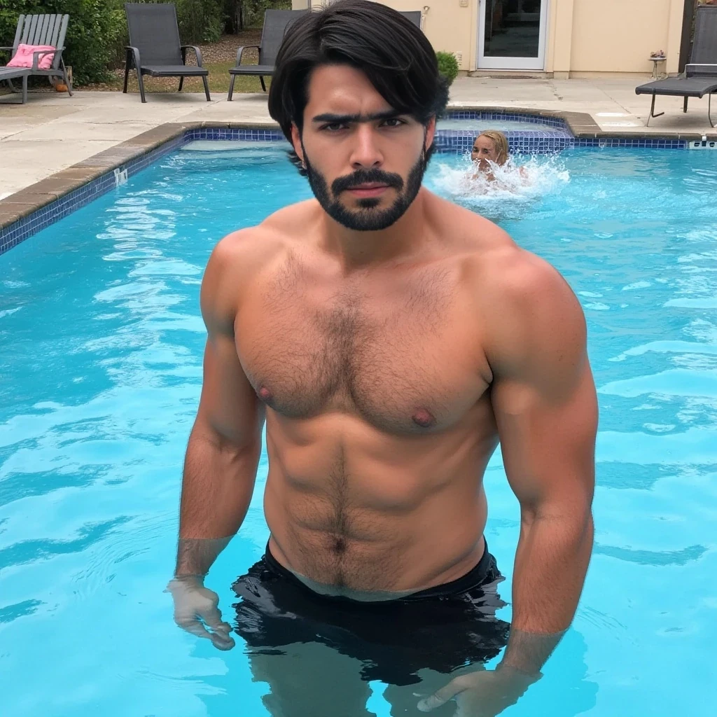 boring low quality snapchat photo circa 2015, cute man, black hair, full outfit with big muscles in the wiming pool