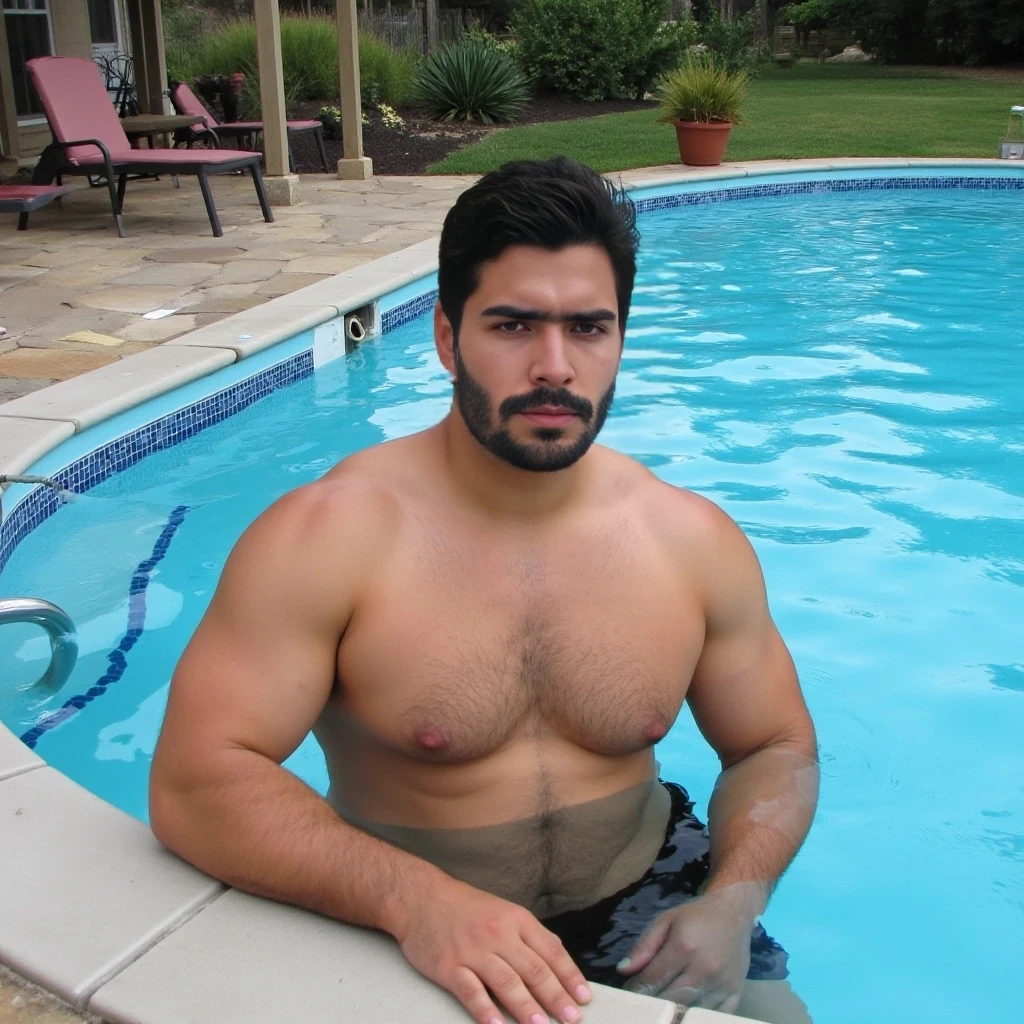 boring low quality snapchat photo circa 2015, cute man, black hair, full outfit with big muscles in the wiming pool