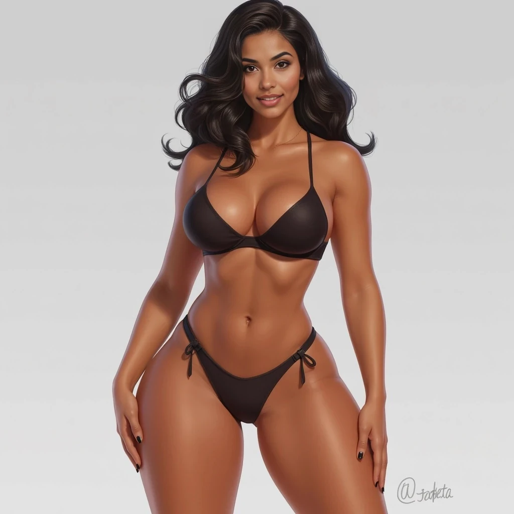 A hyper realistic full body shot, curvy hourglass figure, toned athletic build, 34DD bust, slim waist, wide hips, height 170cm, confident, slightly teasing smile, flirty gaze
