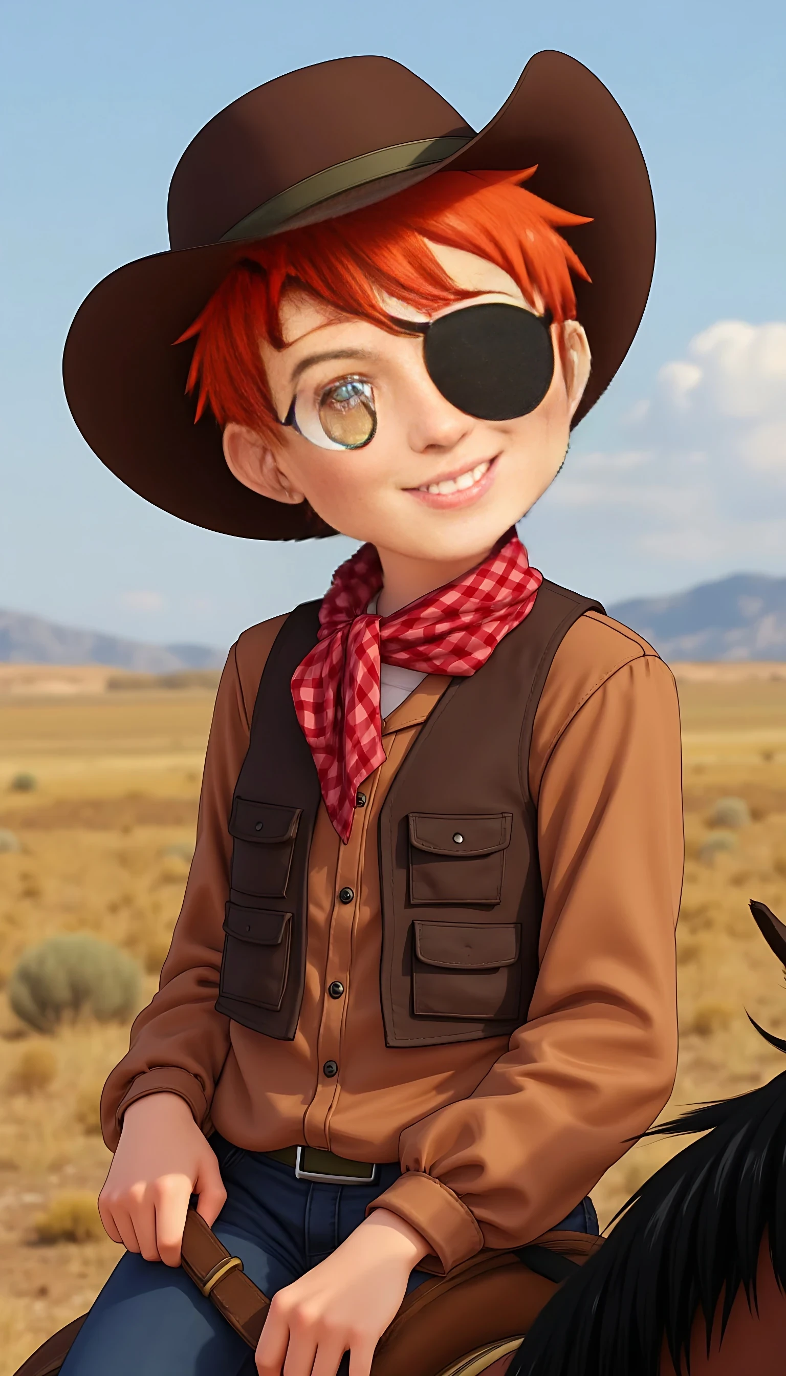 A short natural redhead pixie cut. An eye patch on the just the left eye covering it. A brown cowboy hat. Playful smile sitting on a horse. 