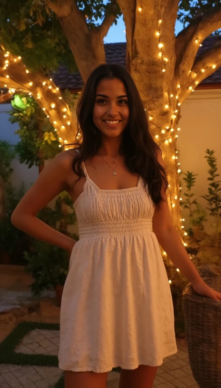 A full body shot photo of a woman standing outdoors at a cozy, warmly lit patio in the evening, with soft, glowing lights wrapped around a tree behind them creating a charming atmosphere. The image is rich in detail, with warm tones and clear textures throughout. The woman has tanned skin, a slim build, and long wavy dark brown hair cascading to her middle. She is wearing a cute cream summer mini dress. The background features a large tree with sparkling string lights wrapped around its trunk and branches, adding a magical touch to the scene. The setting suggests a private outdoor seating area, with elements like terracotta-tiled roofing, greenery, and rattan chairs contributing to a serene, inviting vibe. The overall composition is balanced, with the woman framed against the softly glowing tree, and the lighting enhances the warm, intimate feel of a quiet evening shared among friends. The details are vivid, with textures of clothing, skin, and background elements clearly visible, while the warm lighting creates a relaxed and joyful mood