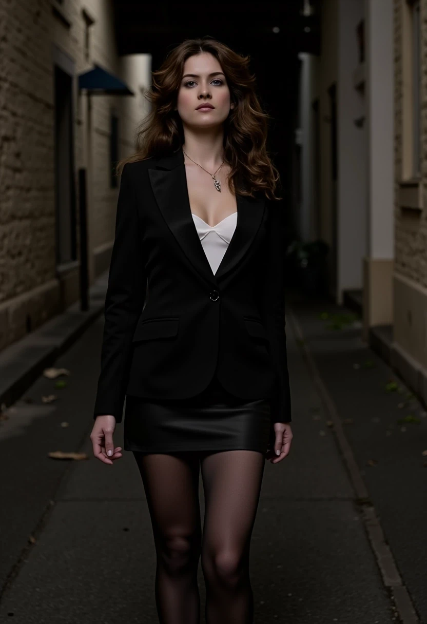 Woman CSTMDL, brunette, blue eyes, her hair are loose, she’s beautiful with a cold smile, wearing a tailored haute couture set, black blazer, black skirt, black tights and black high heels, elegant and modern, but very sexy. She also wears a white bustier under the blazer. Her expression is haughty and contemptuous. She looks like someone cold and unfriendly. Her skin tone is very white, (pallid), almost cadaveric. She’s wearing a small pendant. The background is a small deserted Parisian alley by (night). The light is very low, making the scene a bit worrying and frightening.