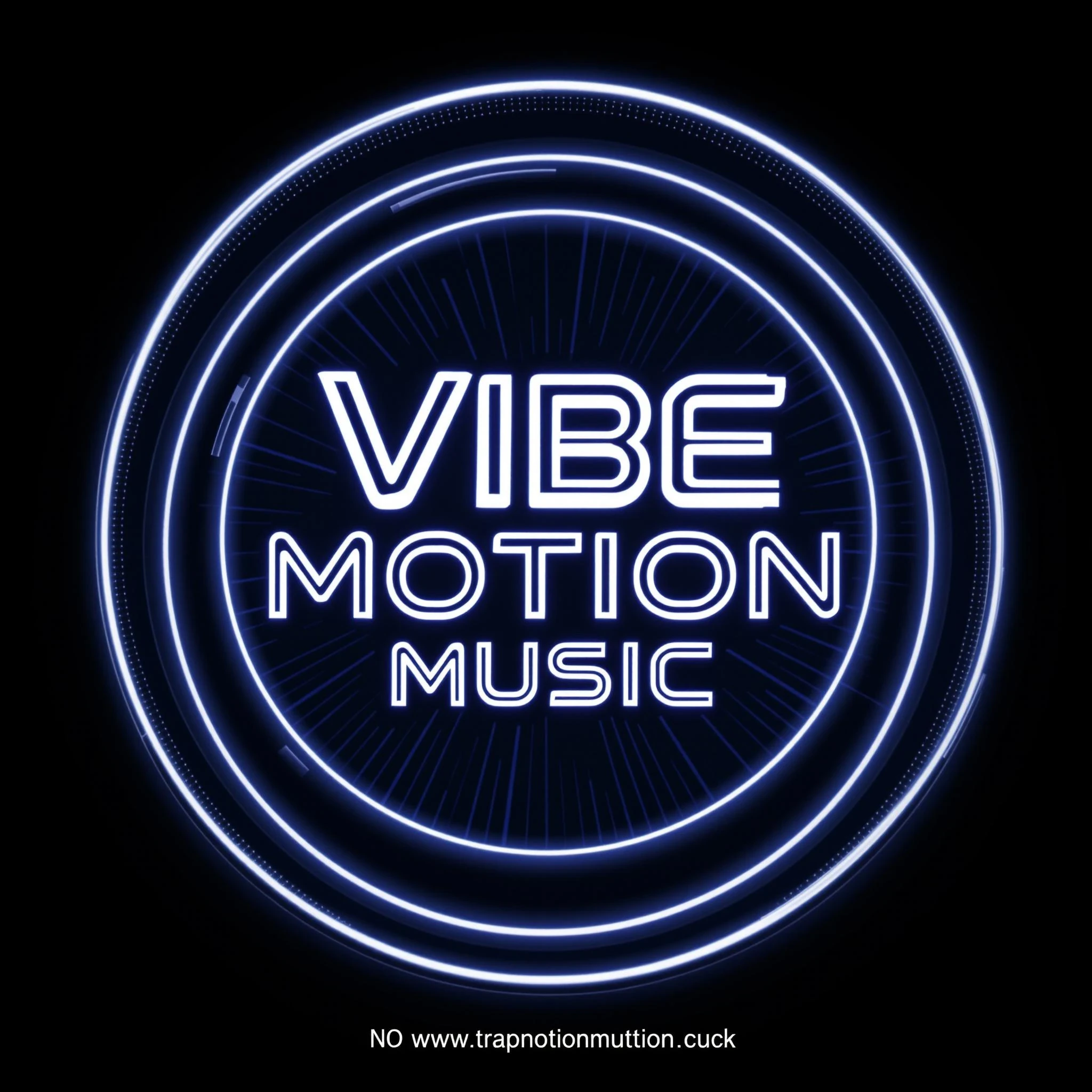 centered circular emblem with bold modern typography inside, glowing neon outline, high contrast black and white design, futuristic clean vector look, symmetrical balance, placed on a soft gradient background (dark blue to black), perfect for music branding" text "Vibe Motion Music" need to be inside. no trap nation music text.
