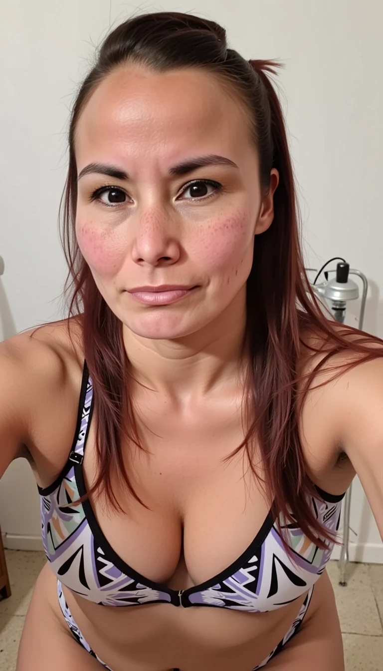 A full body selfie photo of CSTMDL a slim 35-year-old adult native American woman with light brown skin tone, she is facing and looking at the camera, she is posing seductively for the camera, she maintains intense eye contact with the camera at all times, she has cute pigtails, she is wearing a skintight form fitting onesie lingerie with native American geometric patterns on it, realistic, no earrings, award winning photography, professional lighting, 