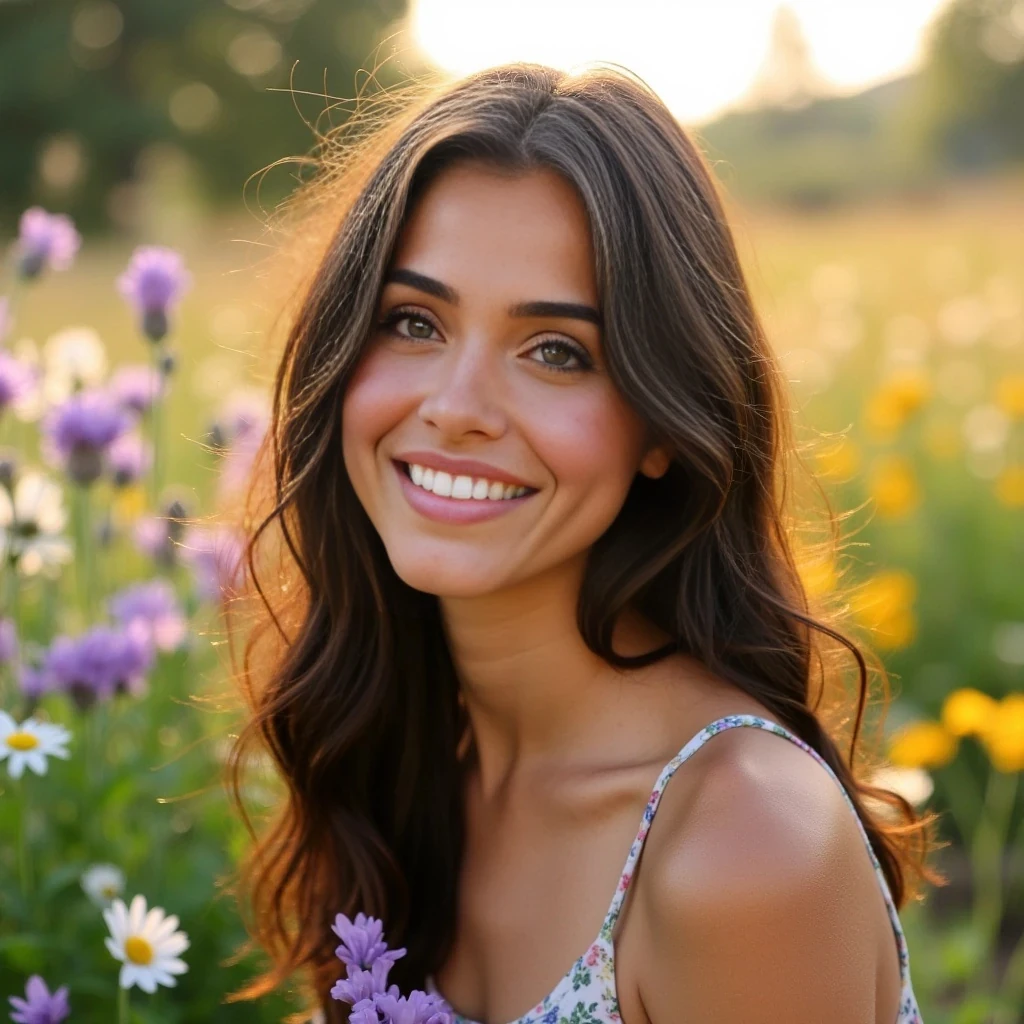 boring low quality snapchat photo circa 2015, A beautiful young woman in her early 20s is captured in a candid photo taken by someone else, outdoors during golden hour. She has a soft heart-shaped face, high cheekbones, and almond-shaped green eyes that sparkle with warmth and presence. Her soft eyeliner and dewy complexion give her a fresh, natural glow. Her full, glossy lips in a rose-pink shade are gently parted or curled into a relaxed smile — the kind that happens when someone catches her mid-laugh or thought.

Her long chocolate brunette hair falls in soft, slightly frizzy waves with subtle highlights, gently tousled by the breeze. A few strands rest across her collarbone or cheek, adding real movement and intimacy. Her lightly tanned skin reflects the golden sunlight beautifully.

She’s standing or sitting among a bed of wildflowers — colors like lavender, pale yellow, soft pinks, and whites — surrounded by gentle greenery and soft, blurred petals in the foreground. The camera frames her from about the chest up or in a relaxed, full-body portrait, as if a friend took the shot while they were walking through the garden.

The lighting is soft and directional from the setting sun, casting warm highlights and creating a dreamy, golden atmosphere. Her expression is open and effortless — like someone just said her name, and she turned with a soft smile.

Use realistic facial features, natural body proportions, glowing ambient light, real floral textures, and authentic framing. Avoid distortion, overly posed angles, or artificial enhancement.
