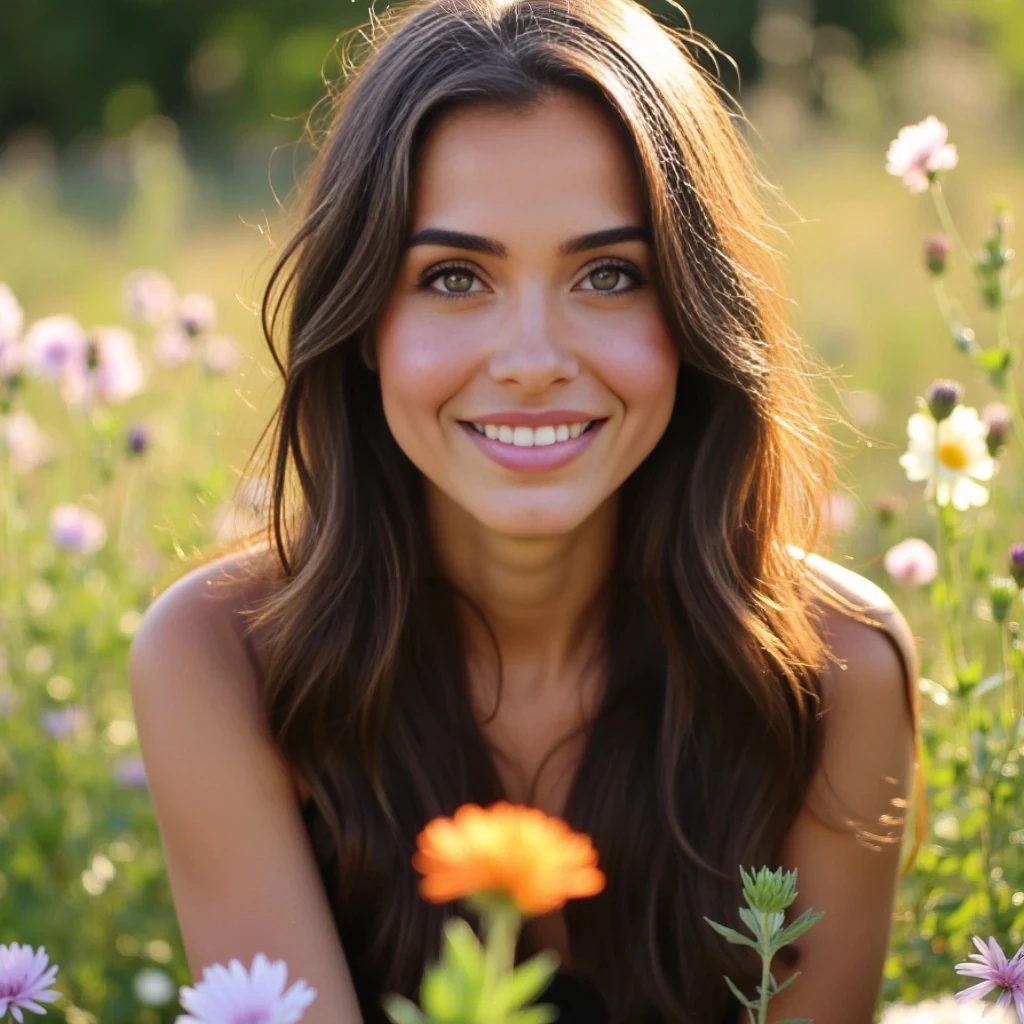 boring low quality snapchat photo circa 2015, A beautiful young woman in her early 20s is captured in a candid photo taken by someone else, outdoors during golden hour. She has a soft heart-shaped face, high cheekbones, and almond-shaped green eyes that sparkle with warmth and presence. Her soft eyeliner and dewy complexion give her a fresh, natural glow. Her full, glossy lips in a rose-pink shade are gently parted or curled into a relaxed smile — the kind that happens when someone catches her mid-laugh or thought.

Her long chocolate brunette hair falls in soft, slightly frizzy waves with subtle highlights, gently tousled by the breeze. A few strands rest across her collarbone or cheek, adding real movement and intimacy. Her lightly tanned skin reflects the golden sunlight beautifully.

She’s standing or sitting among a bed of wildflowers — colors like lavender, pale yellow, soft pinks, and whites — surrounded by gentle greenery and soft, blurred petals in the foreground. The camera frames her from about the chest up or in a relaxed, full-body portrait, as if a friend took the shot while they were walking through the garden.

The lighting is soft and directional from the setting sun, casting warm highlights and creating a dreamy, golden atmosphere. Her expression is open and effortless — like someone just said her name, and she turned with a soft smile.

Use realistic facial features, natural body proportions, glowing ambient light, real floral textures, and authentic framing. Avoid distortion, overly posed angles, or artificial enhancement.