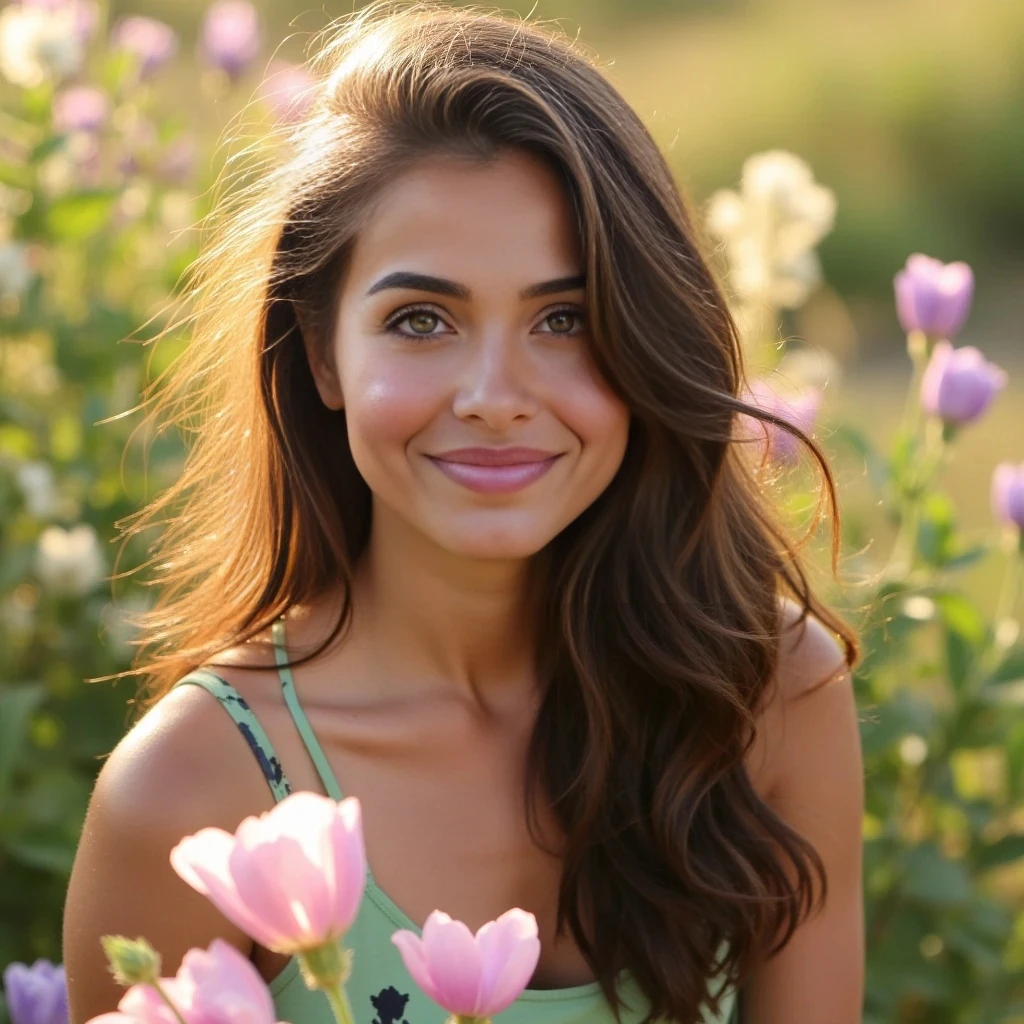boring low quality snapchat photo circa 2015, A beautiful young woman in her early 20s is captured in a candid photo taken by someone else, outdoors during golden hour. She has a soft heart-shaped face, high cheekbones, and almond-shaped green eyes that sparkle with warmth and presence. Her soft eyeliner and dewy complexion give her a fresh, natural glow. Her full, glossy lips in a rose-pink shade are gently parted or curled into a relaxed smile — the kind that happens when someone catches her mid-laugh or thought.

Her long chocolate brunette hair falls in soft, slightly frizzy waves with subtle highlights, gently tousled by the breeze. A few strands rest across her collarbone or cheek, adding real movement and intimacy. Her lightly tanned skin reflects the golden sunlight beautifully.

She’s standing or sitting among a bed of wildflowers — colors like lavender, pale yellow, soft pinks, and whites — surrounded by gentle greenery and soft, blurred petals in the foreground. The camera frames her from about the chest up or in a relaxed, full-body portrait, as if a friend took the shot while they were walking through the garden.

The lighting is soft and directional from the setting sun, casting warm highlights and creating a dreamy, golden atmosphere. Her expression is open and effortless — like someone just said her name, and she turned with a soft smile.

Use realistic facial features, natural body proportions, glowing ambient light, real floral textures, and authentic framing. Avoid distortion, overly posed angles, or artificial enhancement.