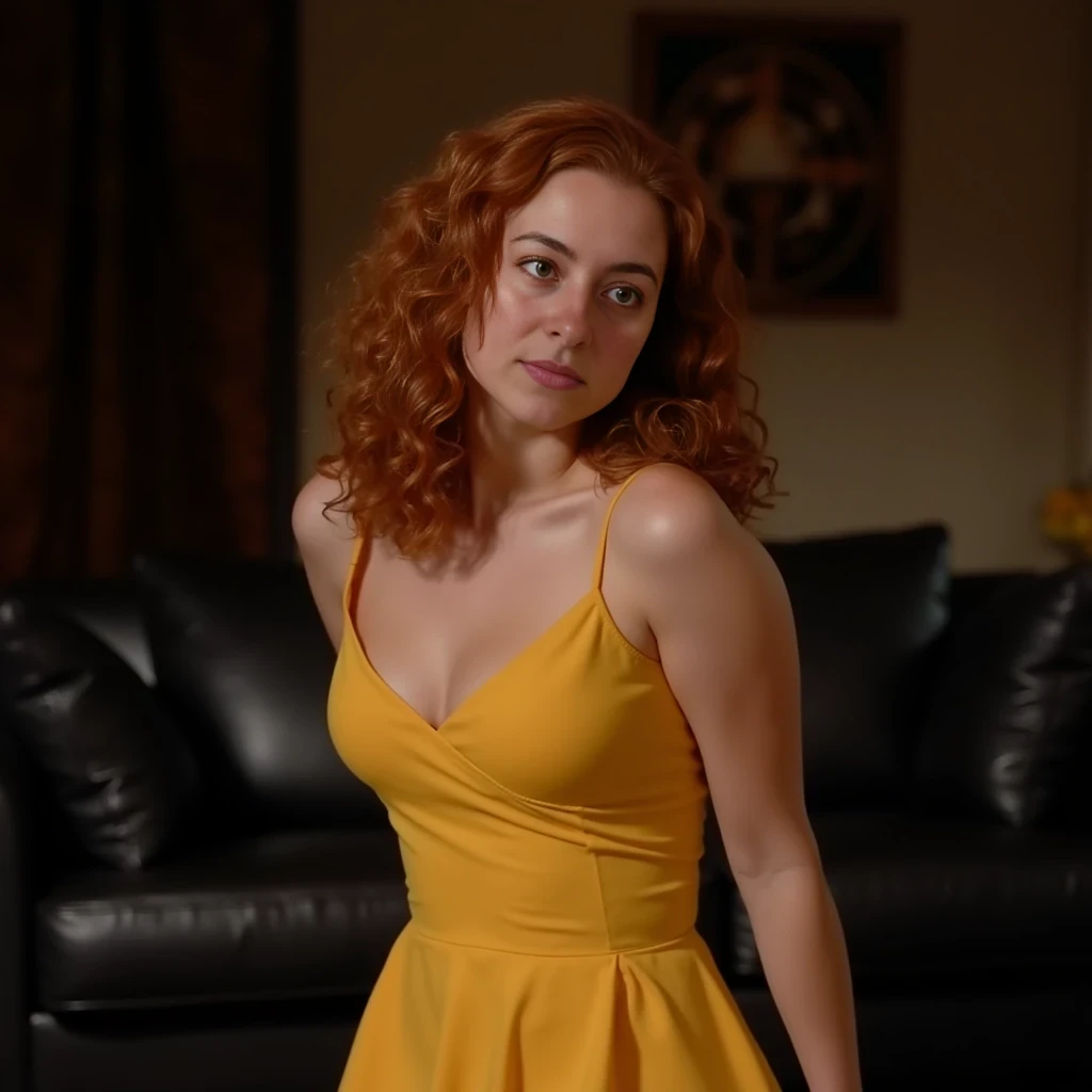 A woman with small breasts, small waist, regular hips, and medium length curly reddish brown hair, wearing a yellow deep V-neck short spaghetti strap summer dress, without posed leaning forward with a slight side turn, head tilted left, intense gaze, indoors with a blurred background featuring a dark couch and wall art.