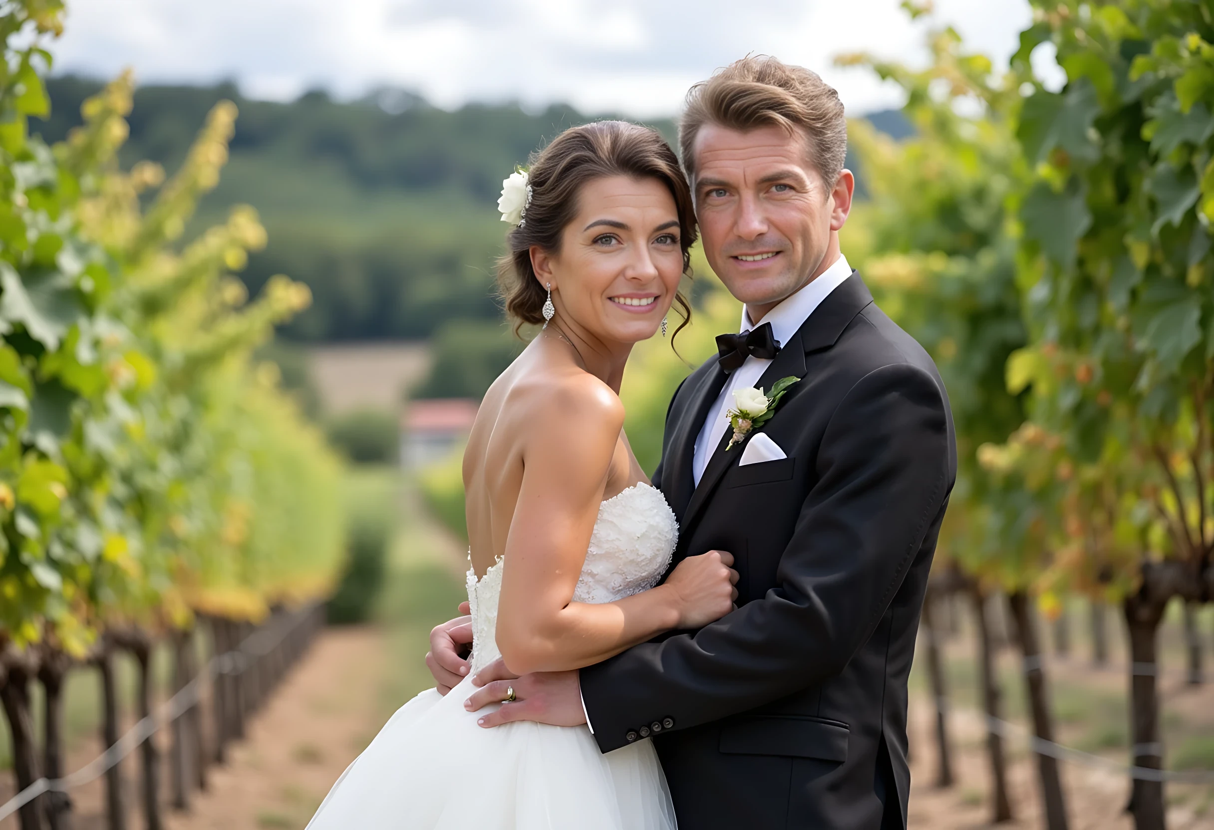 photo of young man CSTMDL. Smiling, short brunette hair. Wears a tuxedo with a beautiful young french brunette girl in a white wedding dress. Scene is in the middle of a wineyard