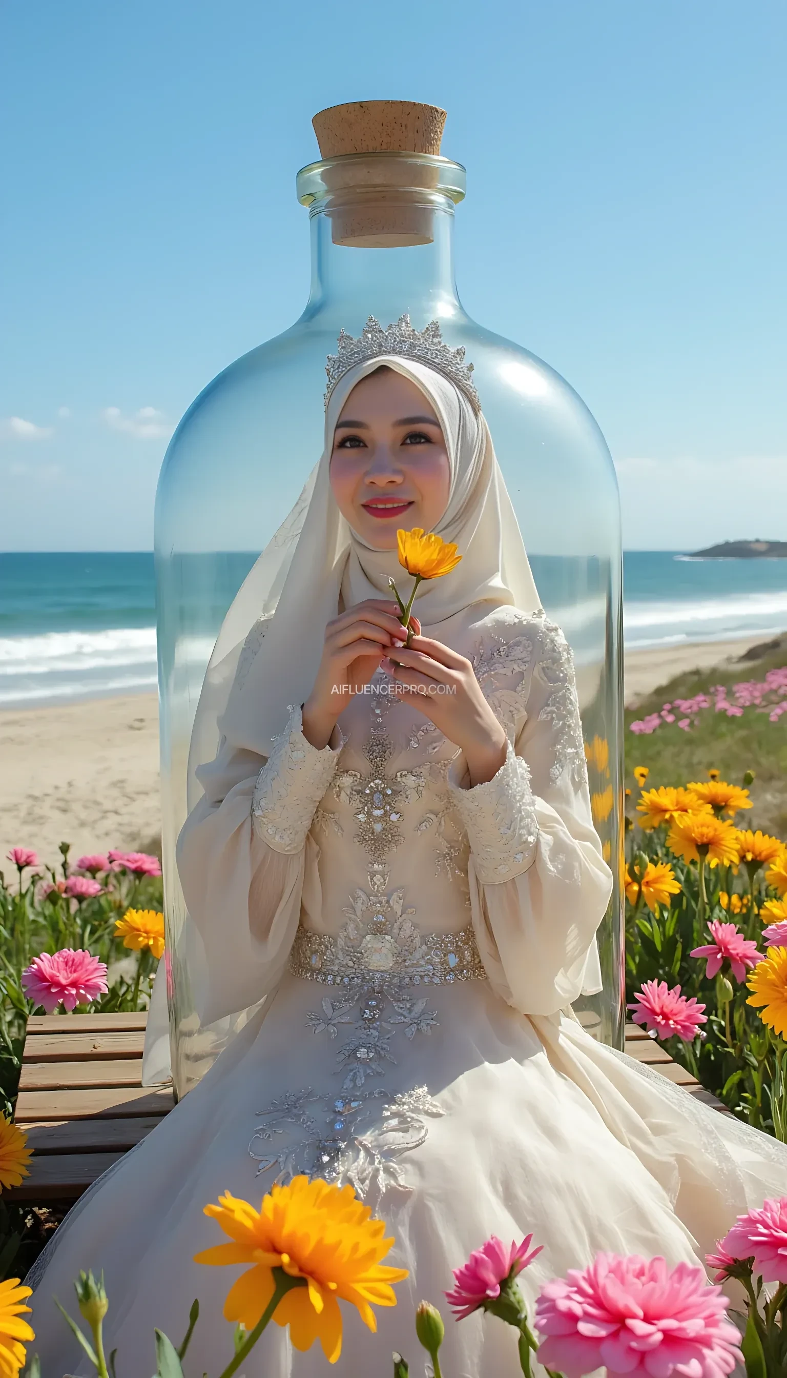 A beautiful woman wearing a hijab with an elegant, radiant face, dressed in a luxurious princess-style gown detailed with lace and sparkling gemstones. She sits gracefully on a bench in a vibrant flower garden. Her delicate hands hold a small flower gently, with every finger clearly visible and detailed. The woman is enclosed in a large glass bottle, creating a captivating miniature effect. The camera focuses closely on her, capturing every intricate detail of her face, expression, and gown texture. The background features a beach with a bright blue sky and gentle waves, evoking a magical and serene atmosphere, with ultra-realistic quality.