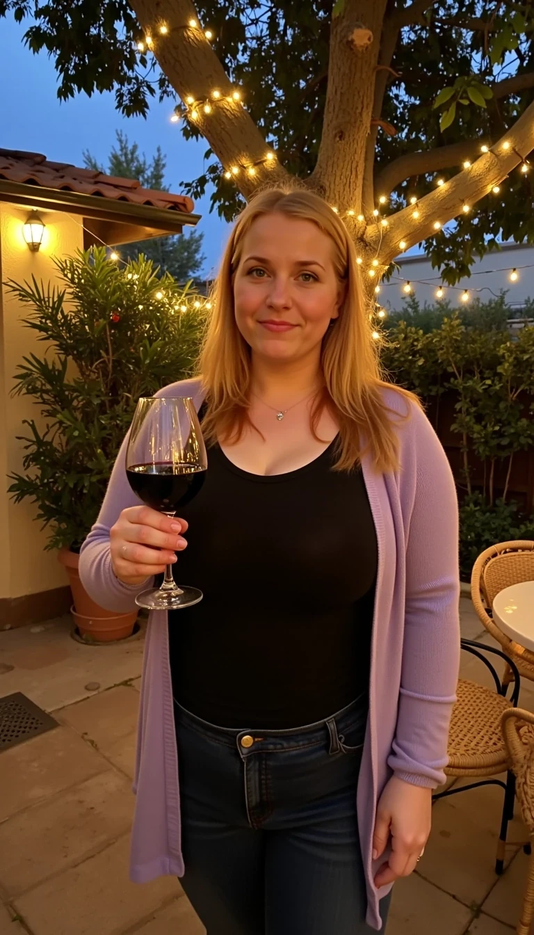 A full body shot photo of a woman standing outdoors at a cozy, warmly lit patio in the evening, with soft, glowing lights wrapped around a tree behind them creating a charming atmosphere. The image is rich in detail, with warm tones and clear textures throughout. The woman has fair skin, a slim build, and long reddish-blonde hair, also worn loose. She is smiling warmly at the camera, holding a glass of red wine in her right hand, and wears a soft-textured lavender cardigan over a black top. The background features a large tree with sparkling string lights wrapped around its trunk and branches, adding a magical touch to the scene. The setting suggests a private outdoor seating area, with elements like terracotta-tiled roofing, greenery, and rattan chairs contributing to a serene, inviting vibe. The overall composition is balanced, with the woman framed against the softly glowing tree, and the lighting enhances the warm, intimate feel of a quiet evening shared among friends. The details are vivid, with textures of clothing, skin, and background elements clearly visible, while the warm lighting creates a relaxed and joyful mood