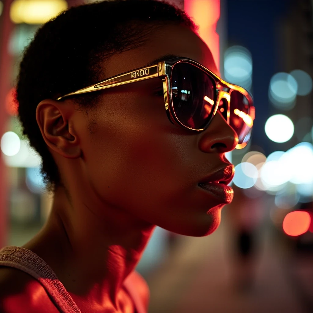 endi Sunglasses Launch
Shot on Canon R3, 50mm f/1.2, ISO 400, 1/200 sec. Extreme close-up profile. Oversized geometric sunglasses on model's sculptural features. Light olive brown skin with glowing highlight on cheekbones. Mixed lighting: Main beauty dish + colored gels for futuristic effect. Background: Motion-blurred city lights.

 CSTMDL