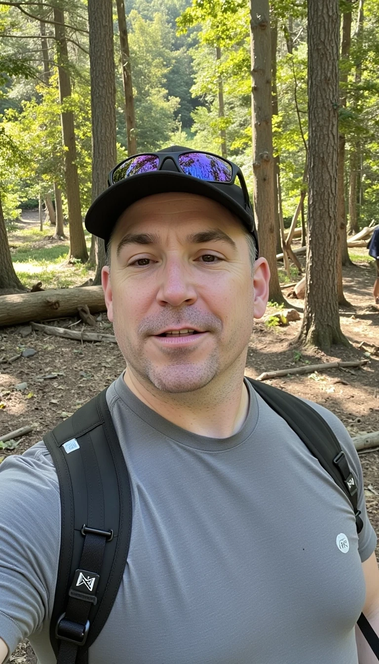 iphone face selfie photo of mid 40s man CSTMDL with a clean shaven face and well kept hair in the woods wearing hiking gear