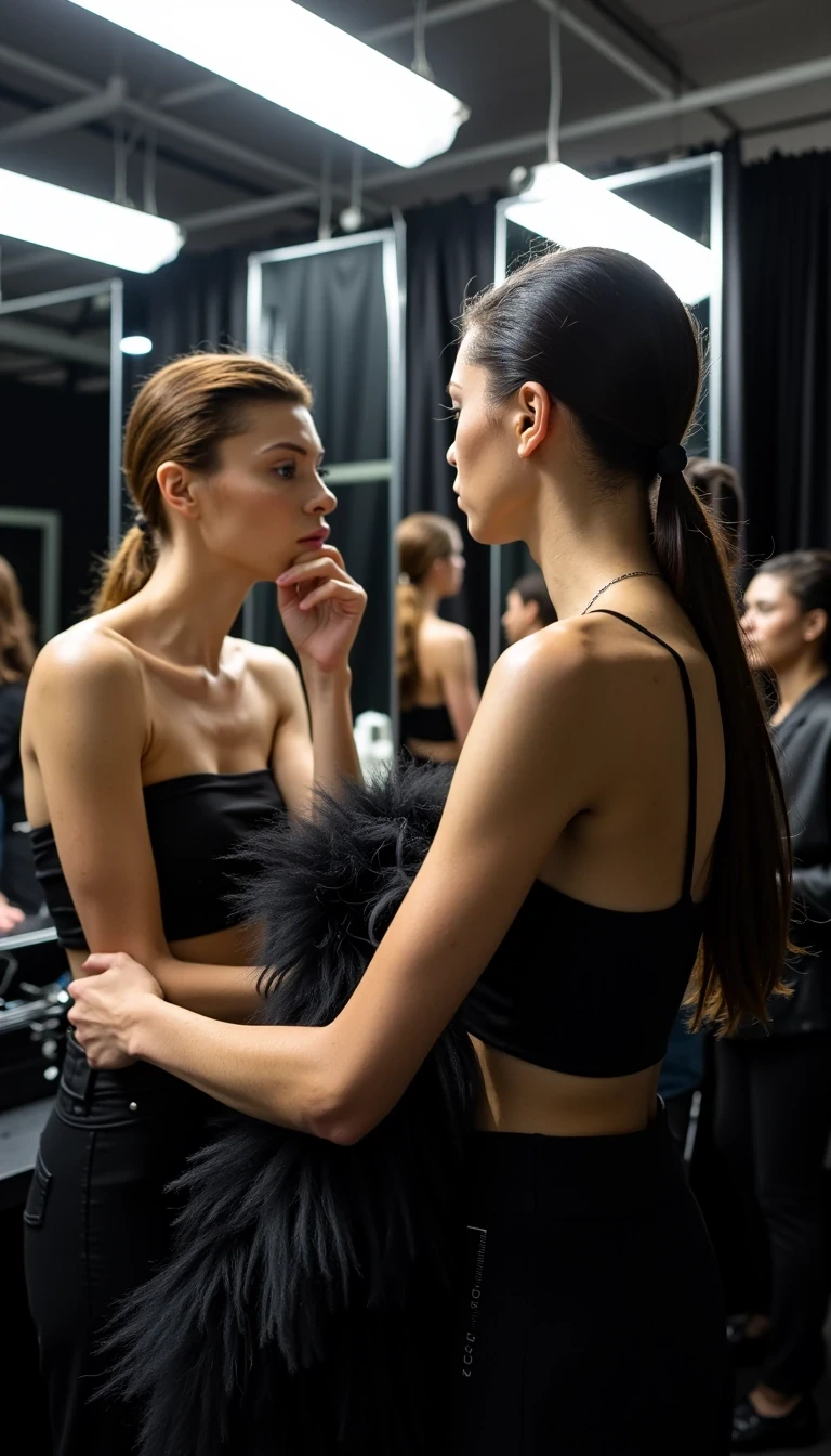 Backstage Energy
Shot on Leica Q3, 28mm f/1.7, ISO 3200, 1/250 sec. Behind-scenes documentary style. Model getting final touches in Balenciaga avant-garde piece. Natural skin texture visible under makeup station lights. Mixed lighting: fluorescent overheads + makeup mirrors creating dimensional light on face. Busy atmosphere: stylists, makeup artists in motion blur. Authentic moment capturing pre-show intensity.
 CSTMDL