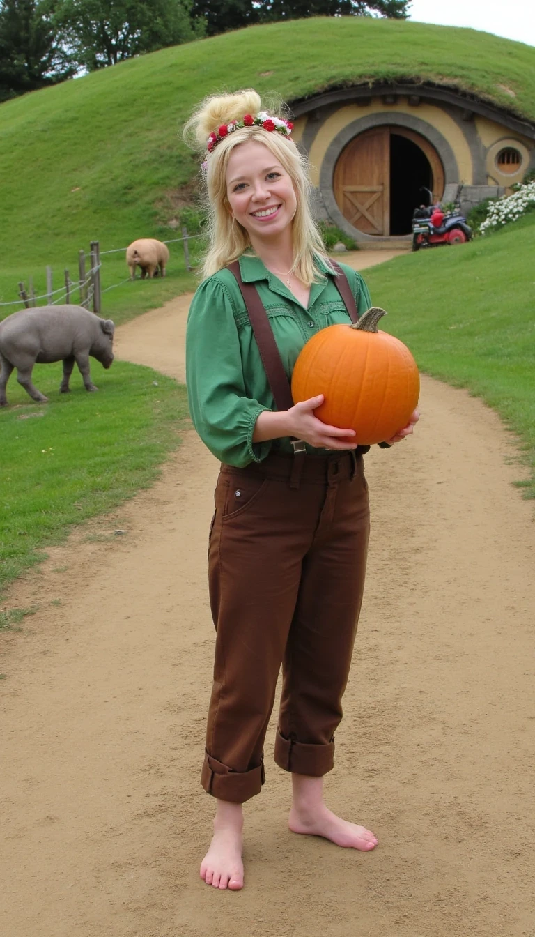 Fantasy cosplay photo style. halfling woman in the shire. 4 feet tall. Short sturdy cute body. Old fashioned farmer clothing. Brown pants rolled up to knees. Tight green shirt. Suspenders. Smiling cute round face. Blonde hair up with flowers in it. Smiling face. Holding a pumpkin. Barefoot on dirt road with green hills with round doors in background. Hobbits and a pig in background. 