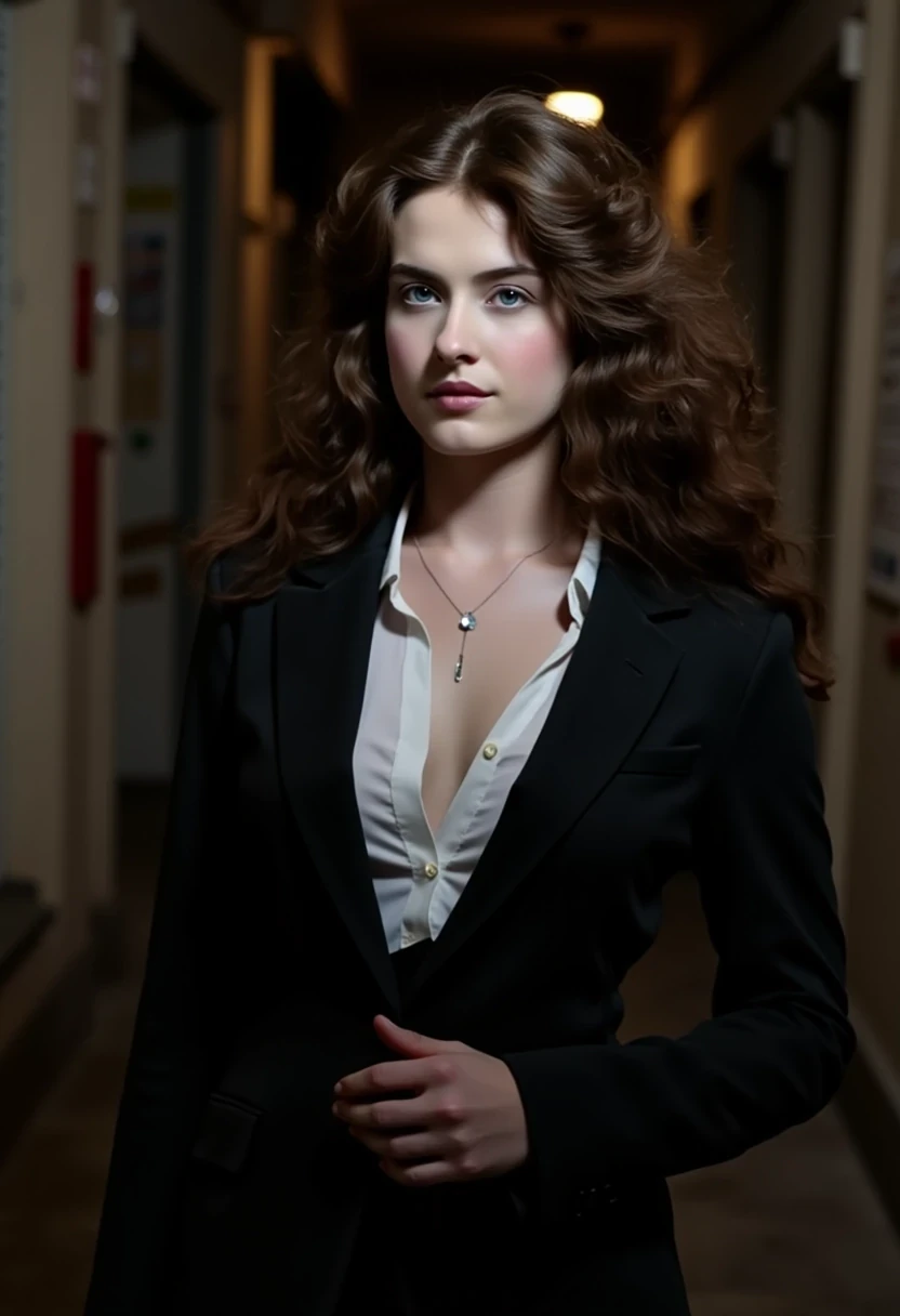 Woman CSTMDL, brunette, blue eyes, her hair are loose, she’s beautiful with a cold smile, wearing a tailored haute couture set, black blazer and skirt, elegant and modern, but very (sexy). She also wears a white shirt under the blazer. Her clothes molds her sculptural body. Her expression is haughty and contemptuous. She looks like someone cold and unfriendly. Her skin tone is very white, (pallid), almost cadaveric. She’s wearing a small pendant. She walks with grace, like a fashion model. The background is a small deserted Parisian alley by (night). The light is very low, making the scene a bit worrying and frightening.