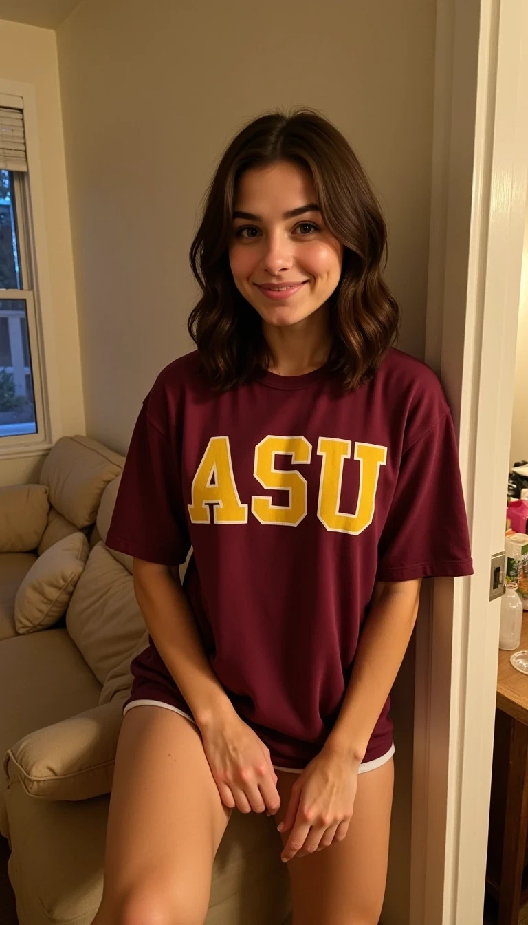  young woman cstmdl with shoulder-length, wavy chestnut-brown hair and glowing skin relaxes in a softly lit living room. She’s wearing an oversized vintage ASU maroon and yellow graphic T-shirt that drapes over her frame and barely reveals a pair of light cotton boxer shorts underneath. Her makeup is minimal, hair slightly tousled like she just took it out of a messy bun. She’s barefoot, lounging near a couch or leaning against a doorway with one leg bent, holding a cold drink or casually scrolling her phone. The room features desert tones, cozy textures, Nighttime. The mood is relaxed, flirty, and effortlessly natural — like she’s totally at ease in her own space.