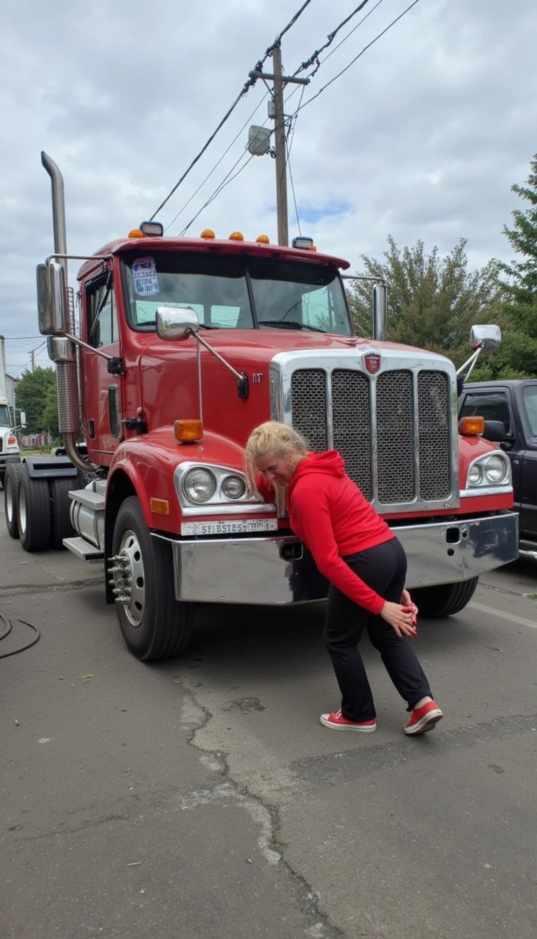 Amanda bent over on the hood of a truck CSTMDL 