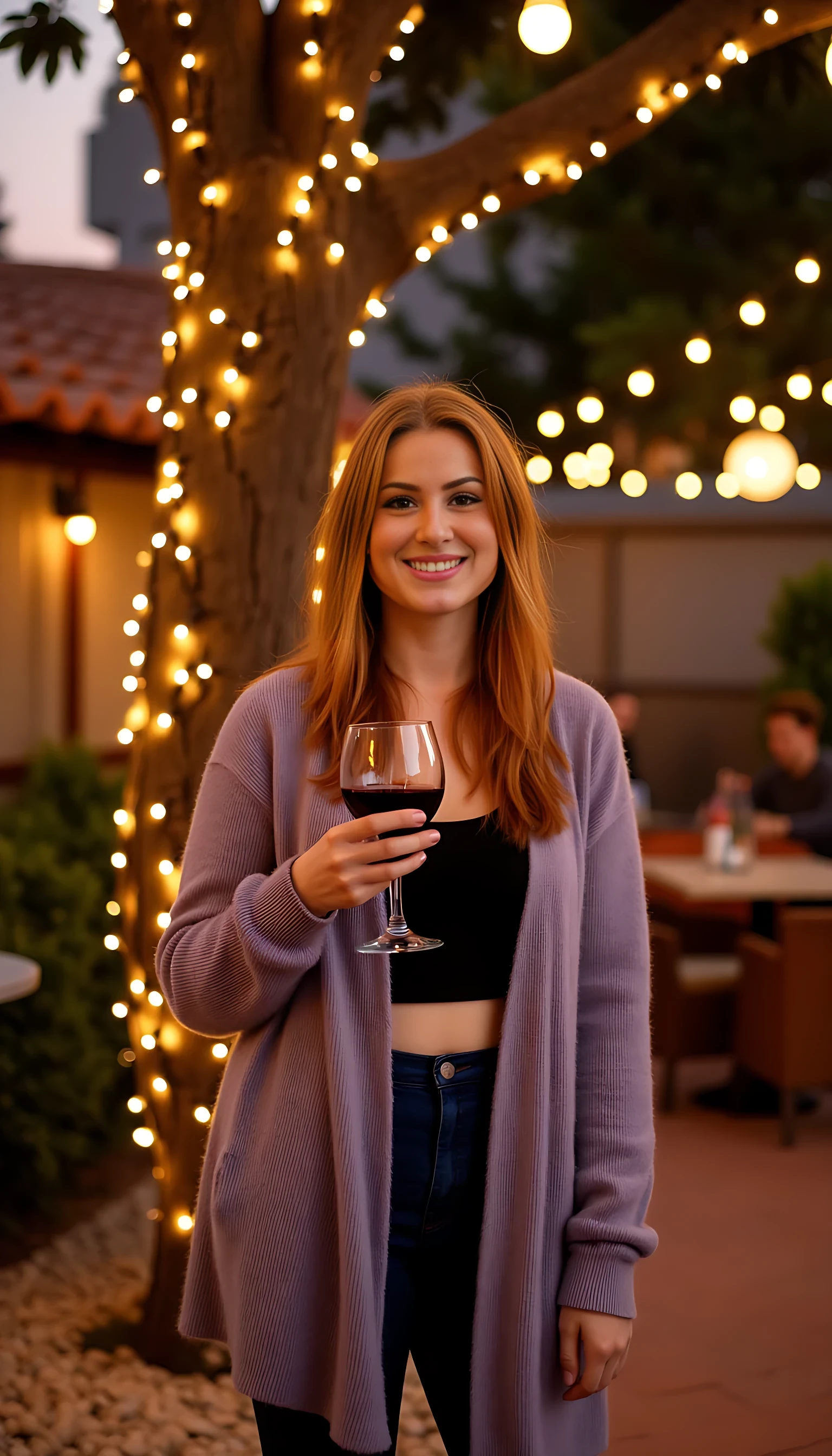 A full body shot photo of a woman standing outdoors at a cozy, warmly lit patio in the evening, with soft, glowing lights wrapped around a tree behind them creating a charming atmosphere. The image is rich in detail, with warm tones and clear textures throughout. The woman has fair skin, a slim build, and long reddish-blonde hair, also worn loose. She is smiling warmly at the camera, holding a glass of red wine in her right hand, and wears a soft-textured lavender cardigan over a black top. The background features a large tree with sparkling string lights wrapped around its trunk and branches, adding a magical touch to the scene. The setting suggests a private outdoor seating area, with elements like terracotta-tiled roofing, greenery, and rattan chairs contributing to a serene, inviting vibe. The overall composition is balanced, with the woman framed against the softly glowing tree, and the lighting enhances the warm, intimate feel of a quiet evening shared among friends. The details are vivid, with textures of clothing, skin, and background elements clearly visible, while the warm lighting creates a relaxed and joyful mood