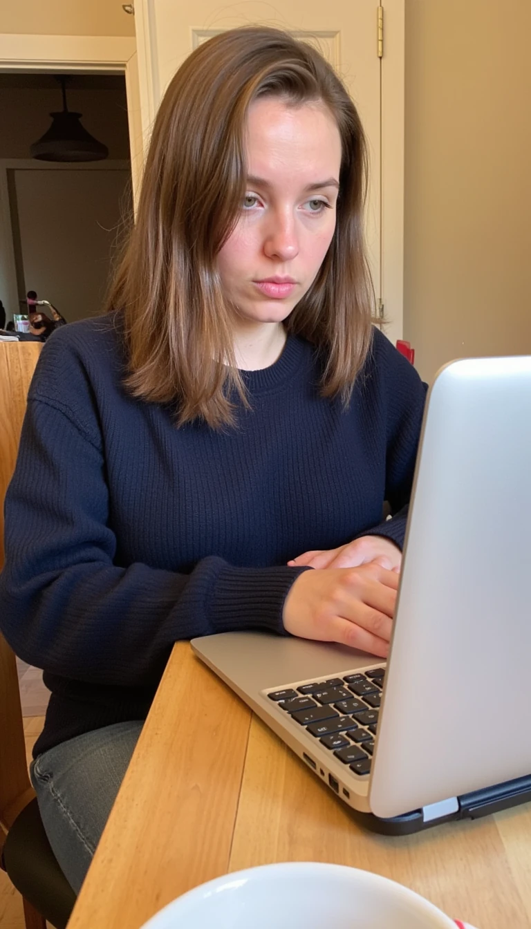 boring low quality snapchat photo circa 2015, finance girl, girl next door, half Dutch half British, light brown hair, behind a laptop