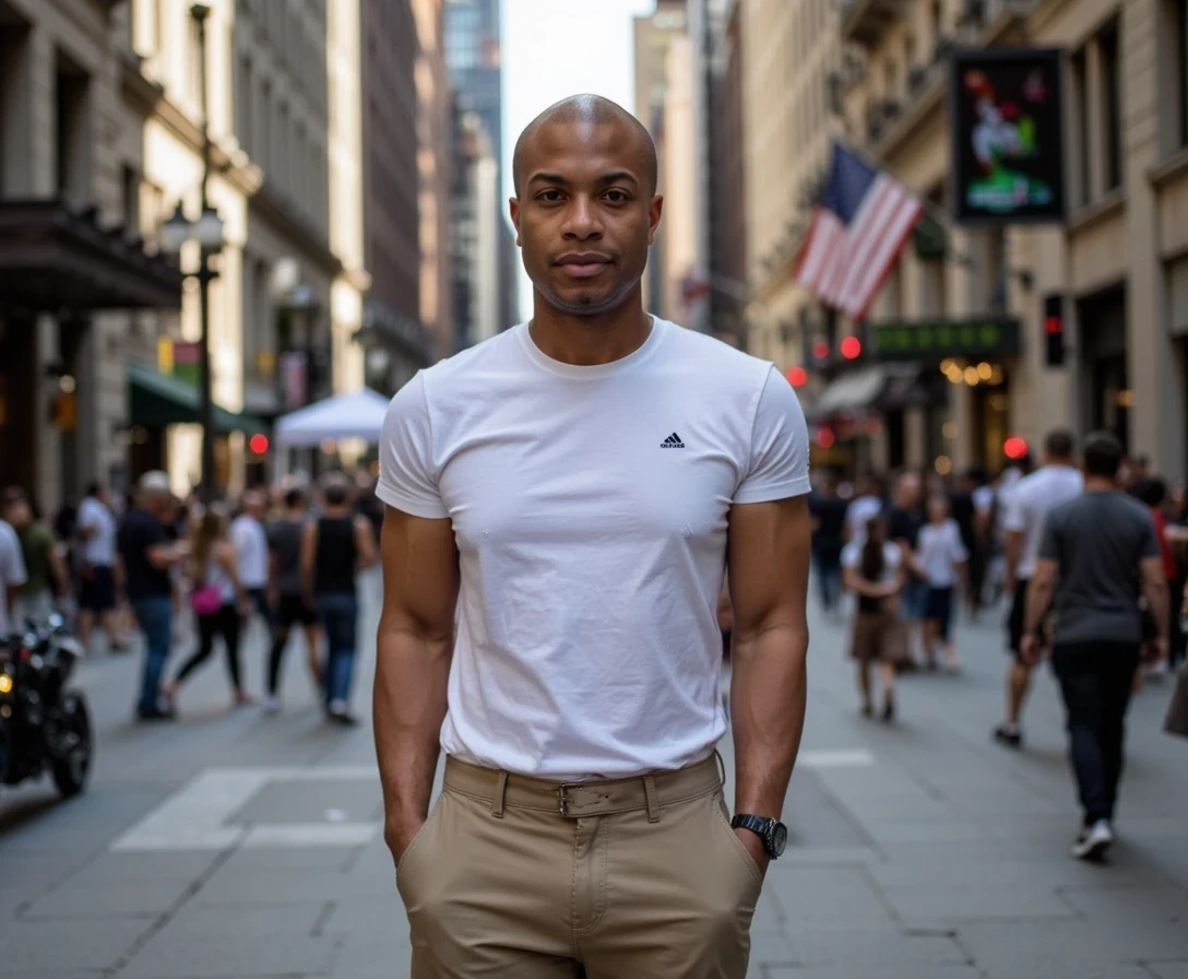 New York City  , t shirt and khakis and female supermodel date,  same face of Carter with bald head, lean look, cstmdl